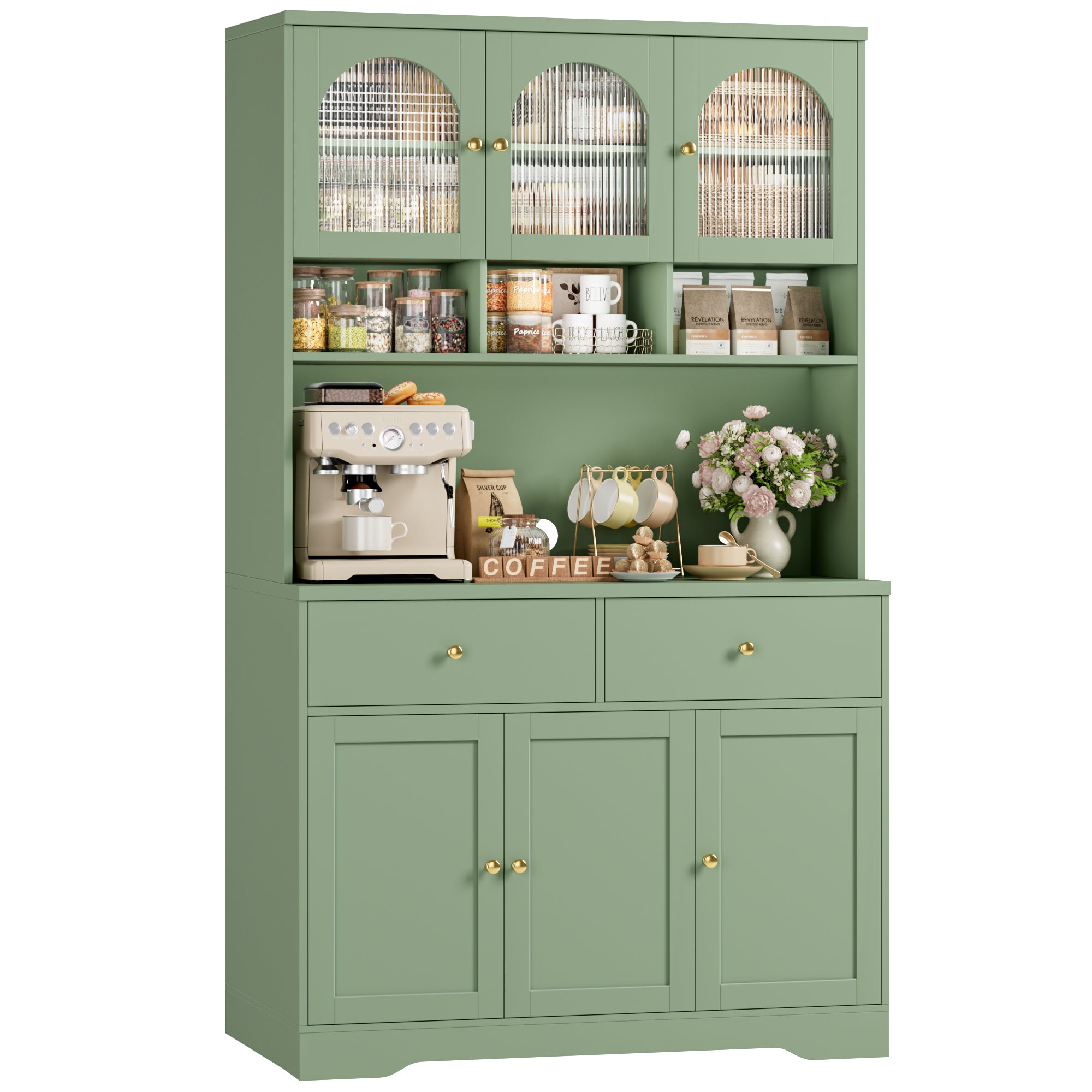 Hiphuta 71"in Modern Kitchen Pantry Storage Cabinet, Freestanding Kitchen Hutch Cabinet with Adjustable Shelves & Microwave Stand, Modern Coffee Hutch for Dining Room, Green