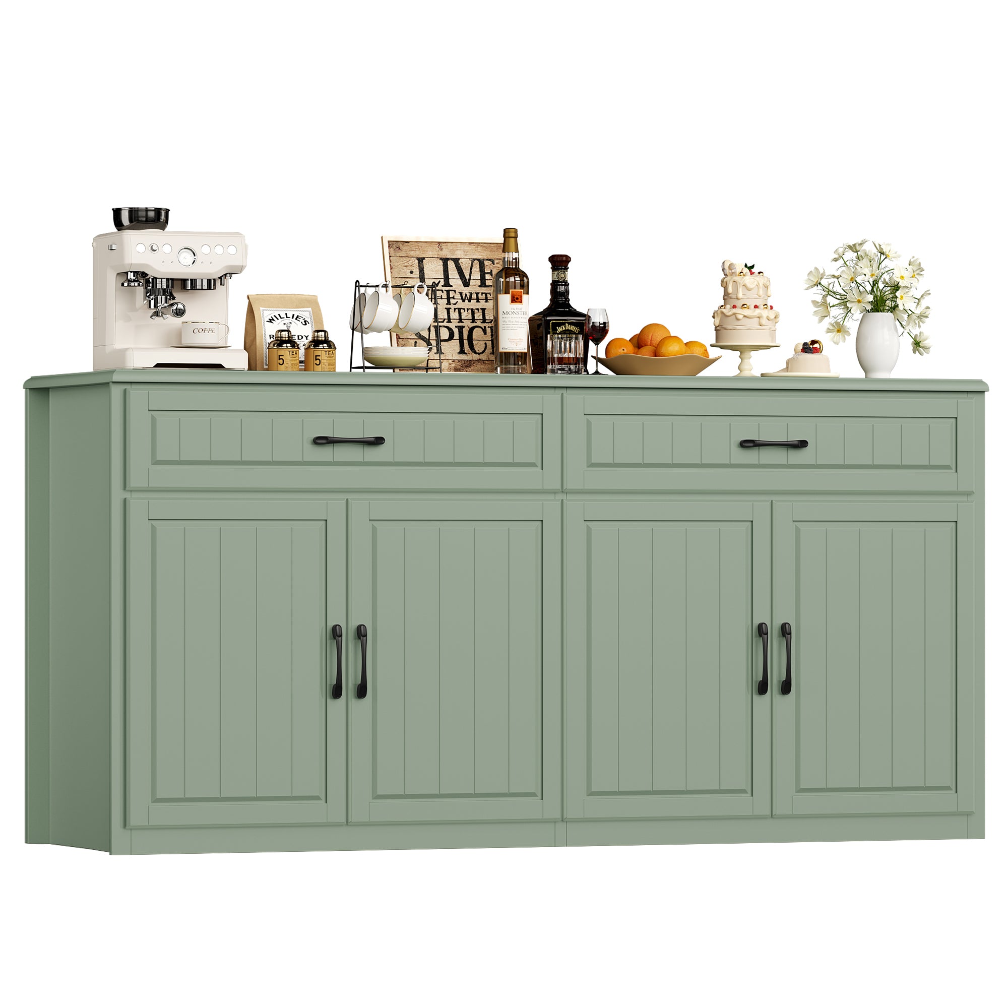 Hiphuta 63"Extended Wide Large Buffet Cabinet with 2 Drawers, Modern Coffee Bar Sideboard with Dusty-proof Base for Living Room and Entryway, Green