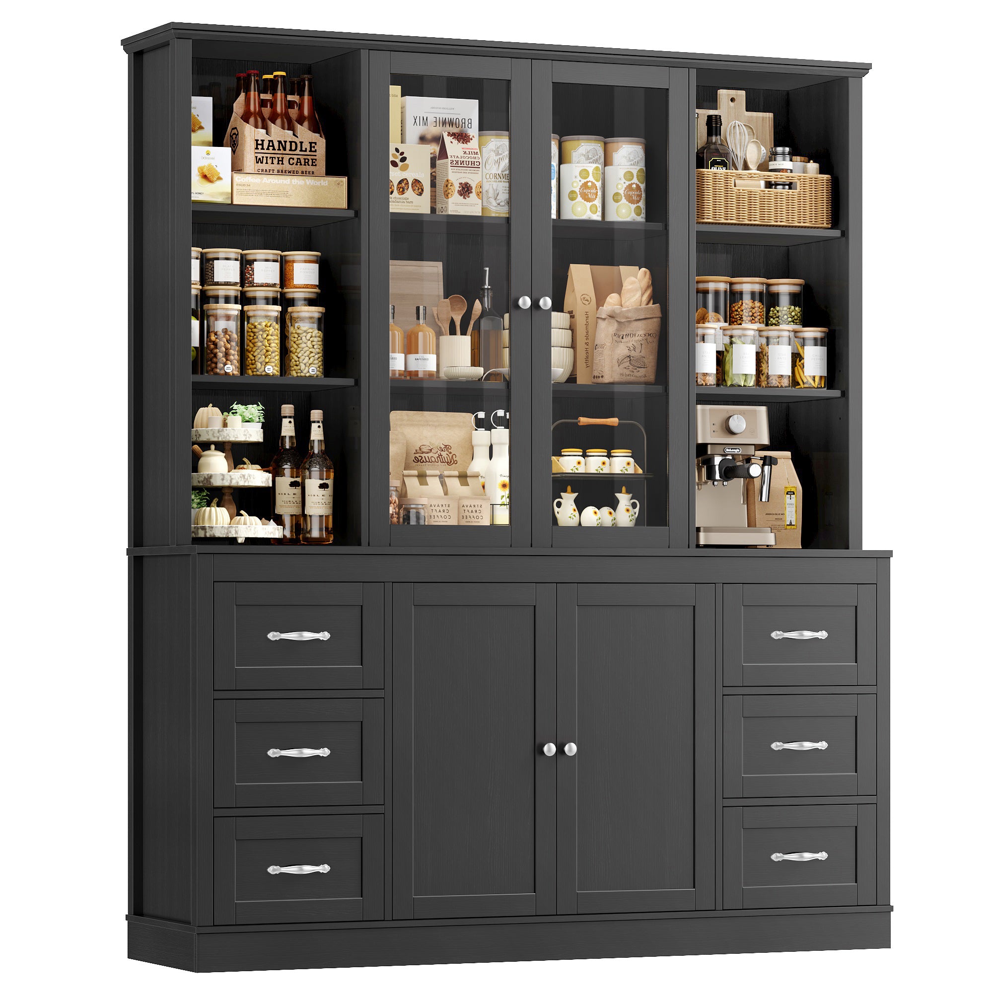 Hiphuta Kitchen Pantry Cabinet with Glass Door, 74" Tall Large Bookcase with drawer and Door, Large Storage Cabinet for Kitchen, Dining Room, Office, Black