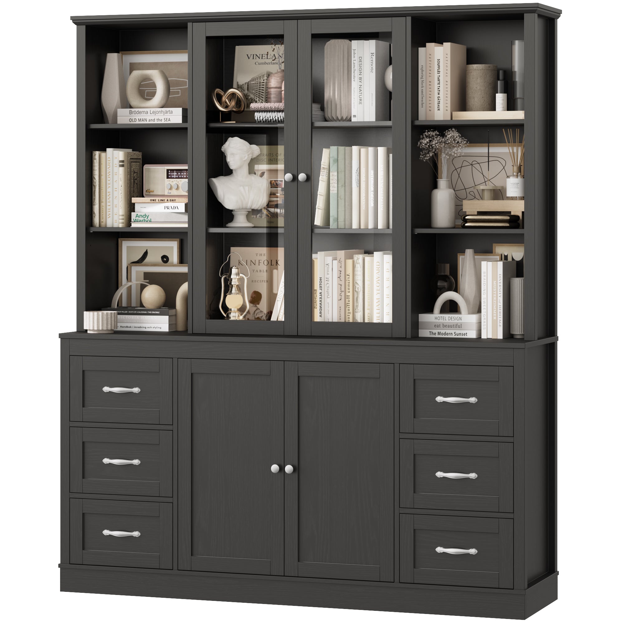 Hiphuta 74 in Tall Bookcase with 6 Drawers, Large Bookcase with Glass Door and Adjustable Shelves, Farmhouse Bookcase with Bark Texture, Black