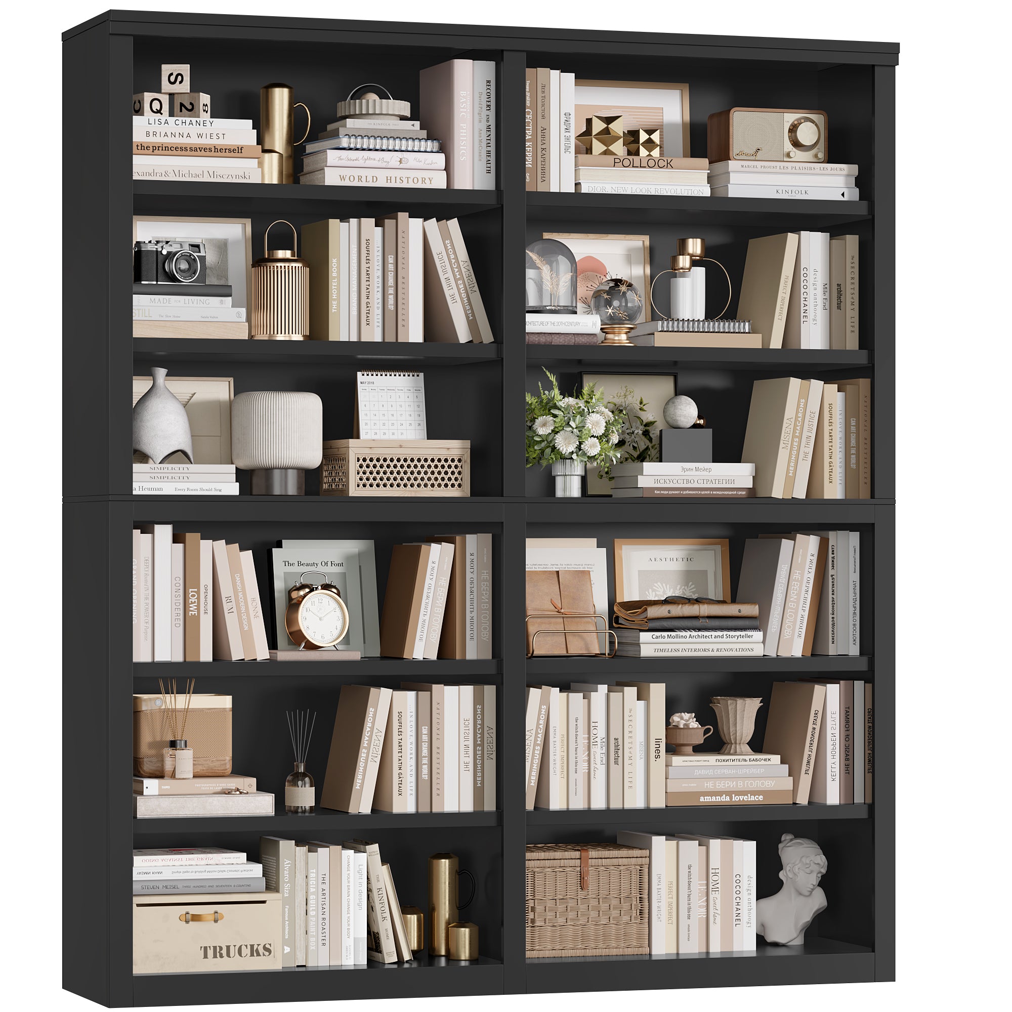 Hiphuta 63"W Extra Large and Sturdy Bookcase, Double Wide 6-Tier Bookshelf, Tall Bookcase for Home Office and Living Room, Wooden Freestanding Display Shelf, Black