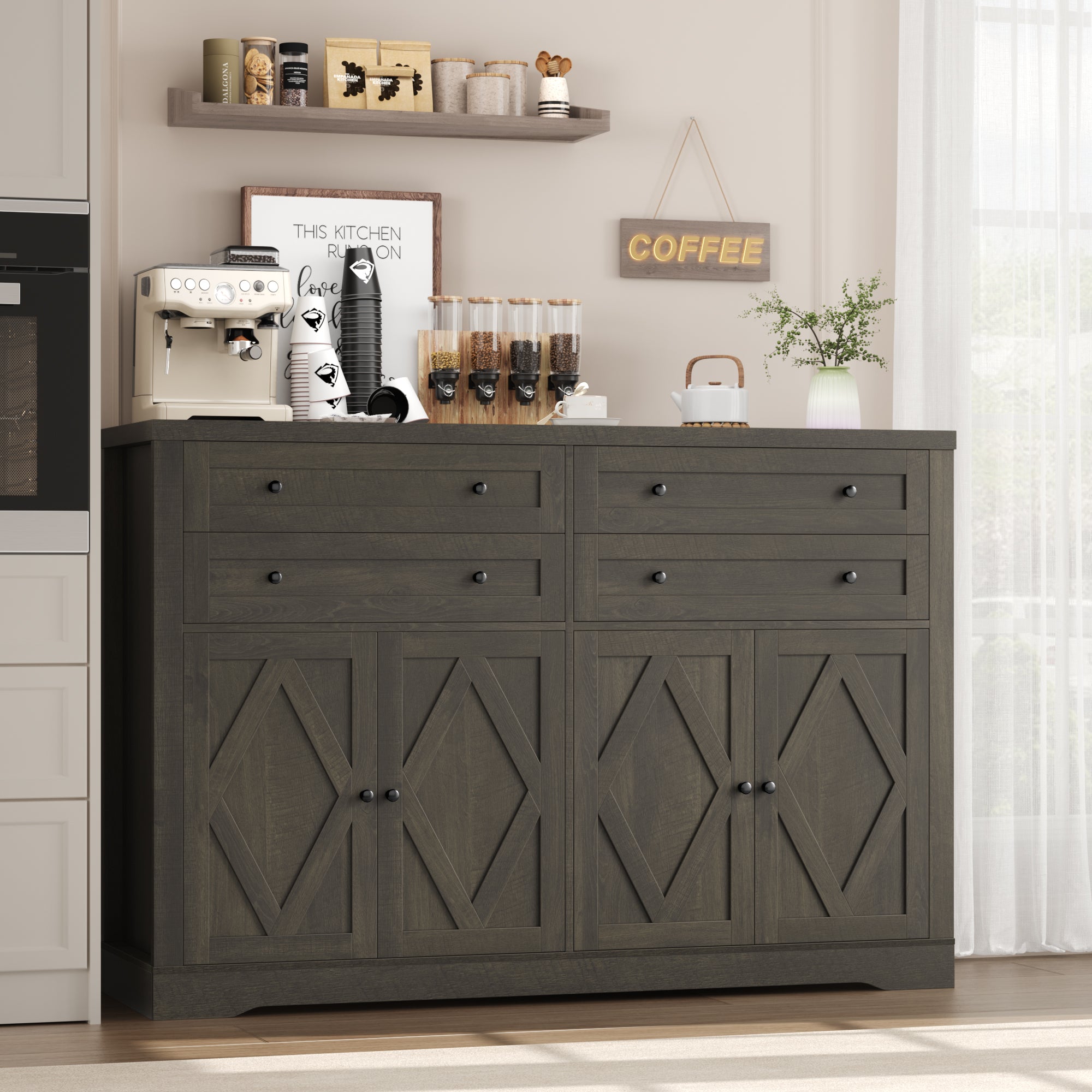 Hiphuta 55" Wide Farmhouse Buffet Storage Cabinets with 2 Adjustable Shelves & 4 Drawers for Living Room, Dark Brown