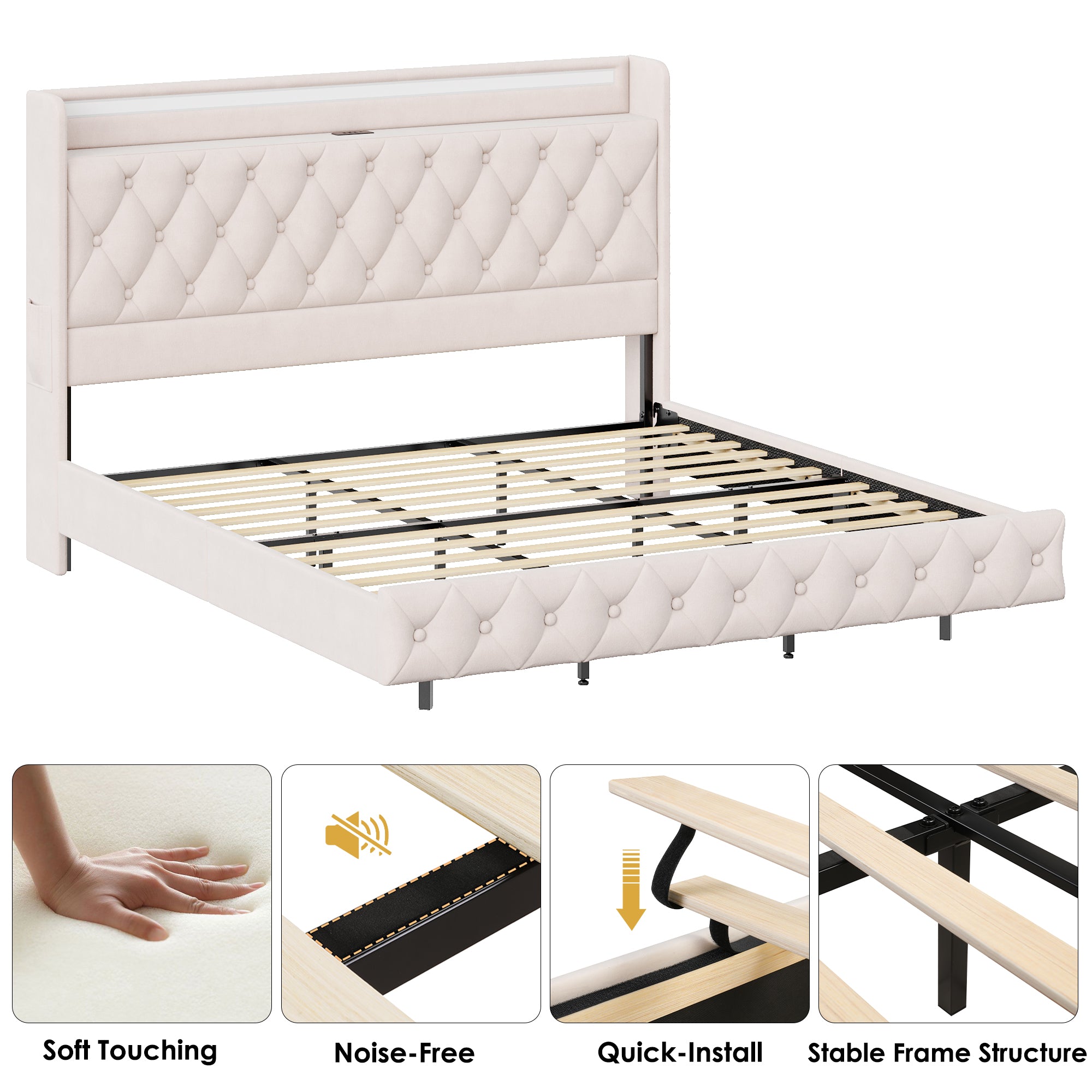 Hiphuta Queen Size Floating Bed Frame with LED Lights, Velvet Leather Platform Bed with Charging Station & Button Tufted Headboard Storage, No Box Spring Needed, White