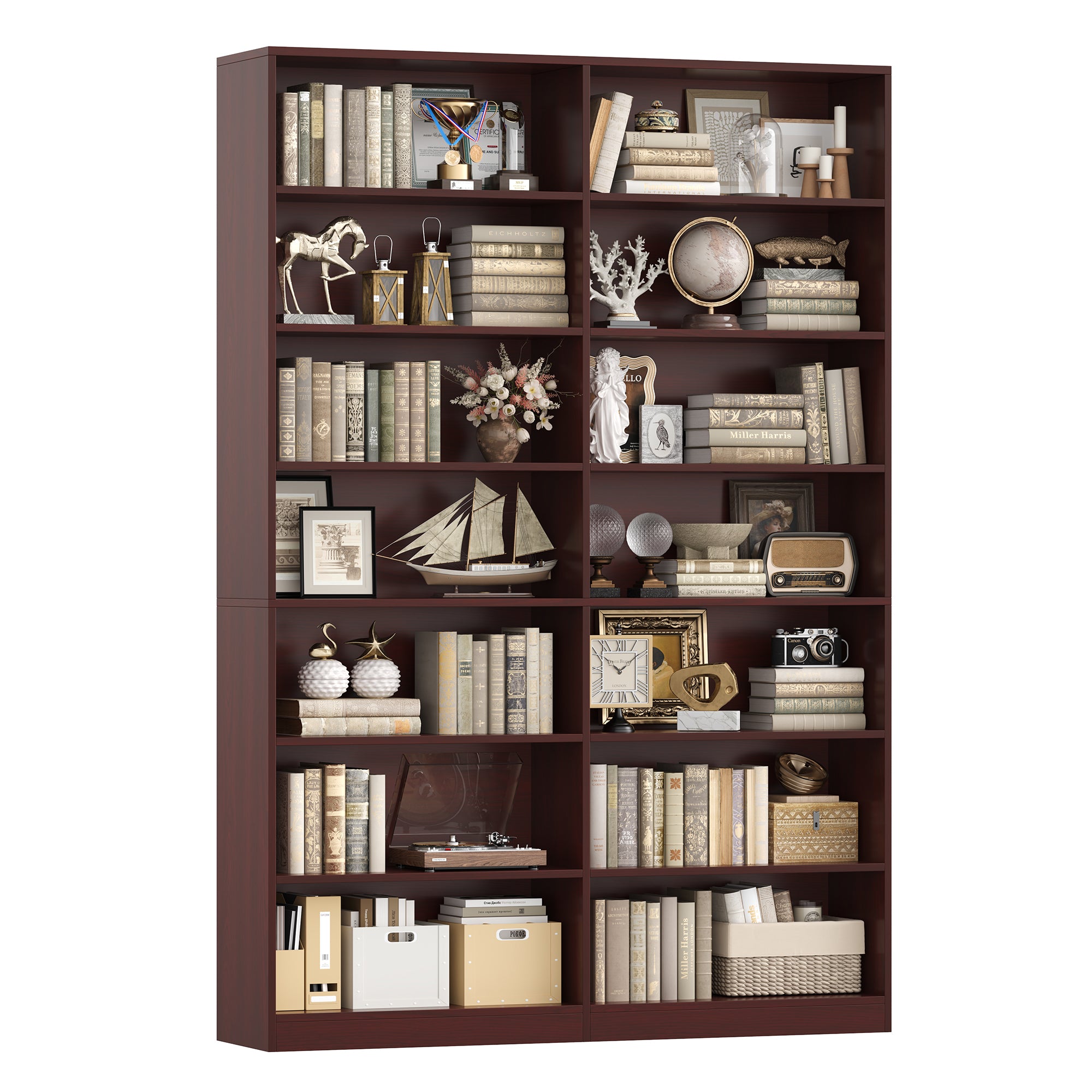 Hiphuta 84"H Double Wide 7-Tier Bookcase, Large Modern Bookcase with 14 Cubes for Home Office and Living Room, Freestanding Display Book Shelves, Cherry