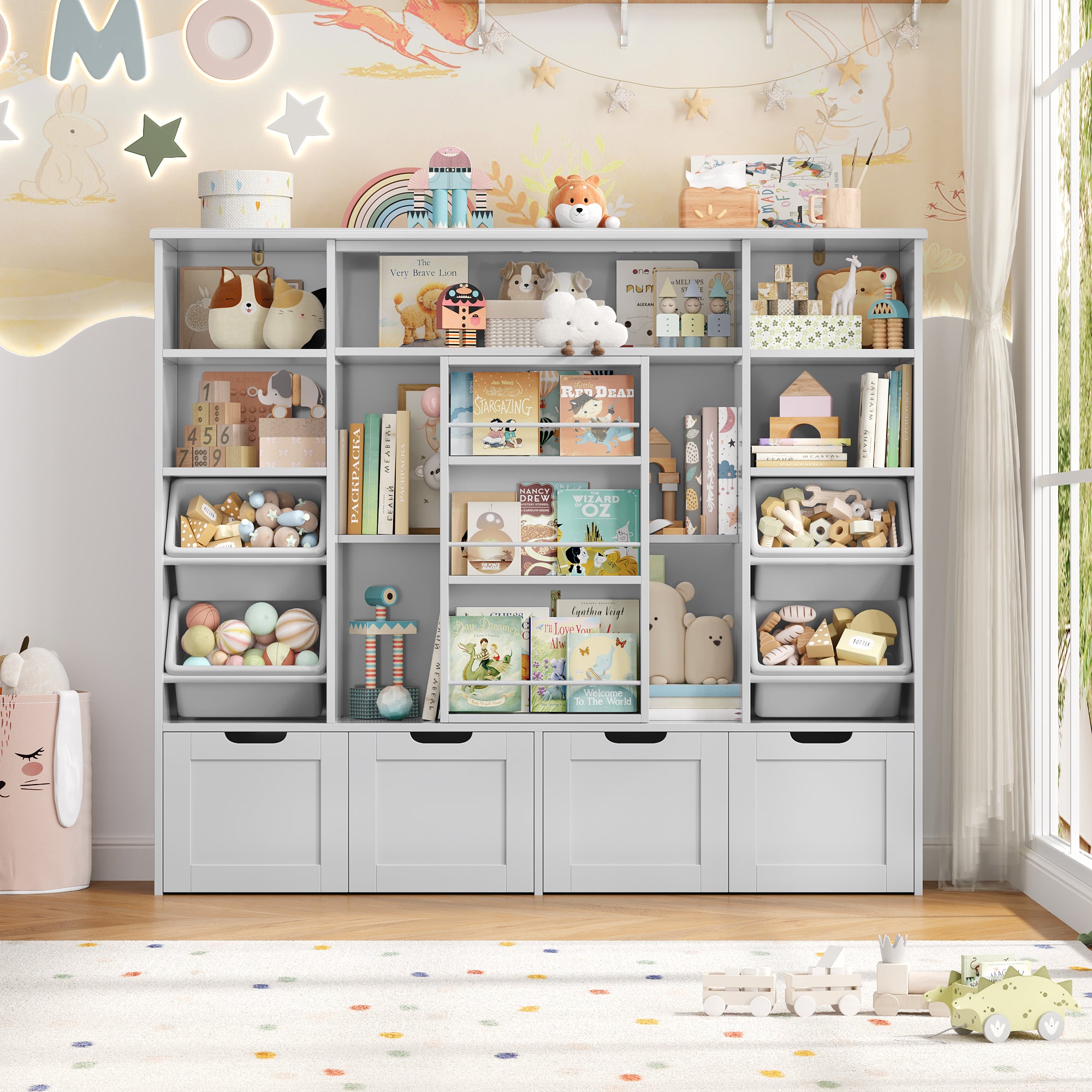 Hiphuta Kid Toy Storage with Bookshelf, Kid Toy Organizer with 4 Removable Drawers, Kid Bookcases with Toy Box for Kid Bedroom Playroom, Gray