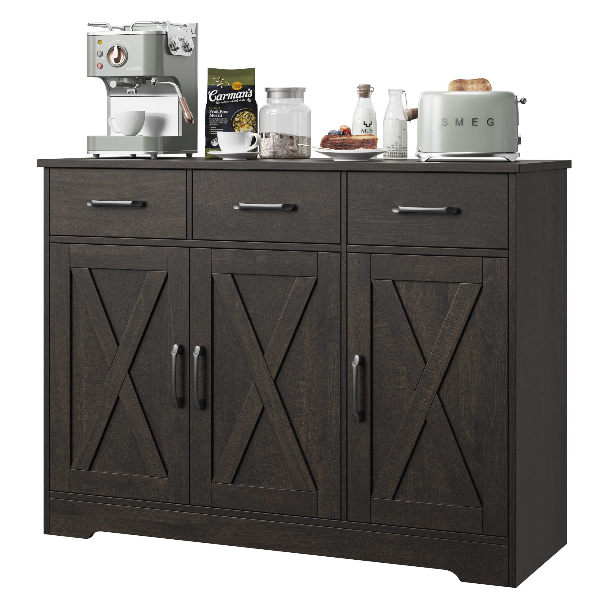 Hiphuta 42.5” Wide Modern Buffet Sideboard, Farmhouse Credenza with Adjustable Shelf & 3 Drawers, Dark Brown