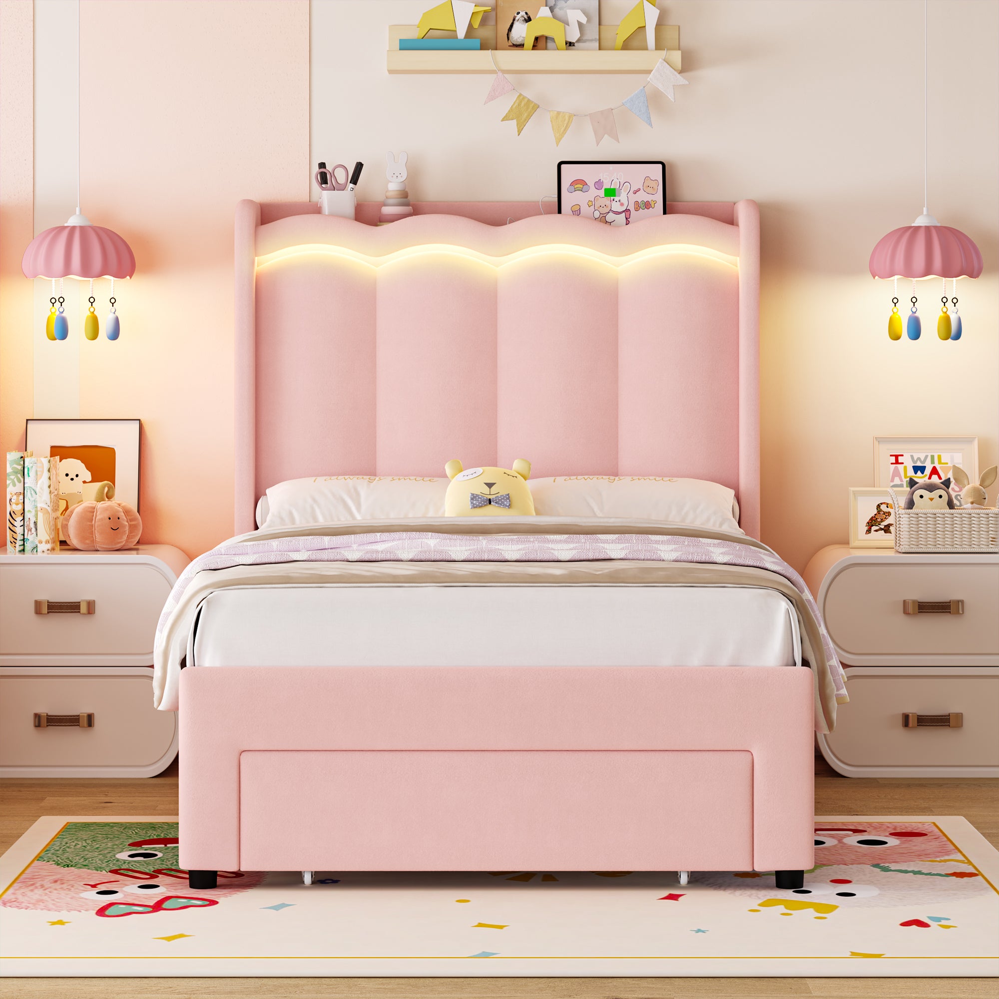 Hiphuta Twin Size Bed with Power Outlet & LED, Upholstered Princess Beds with Drawer, Twin Beds with Headboard Storage, Pink