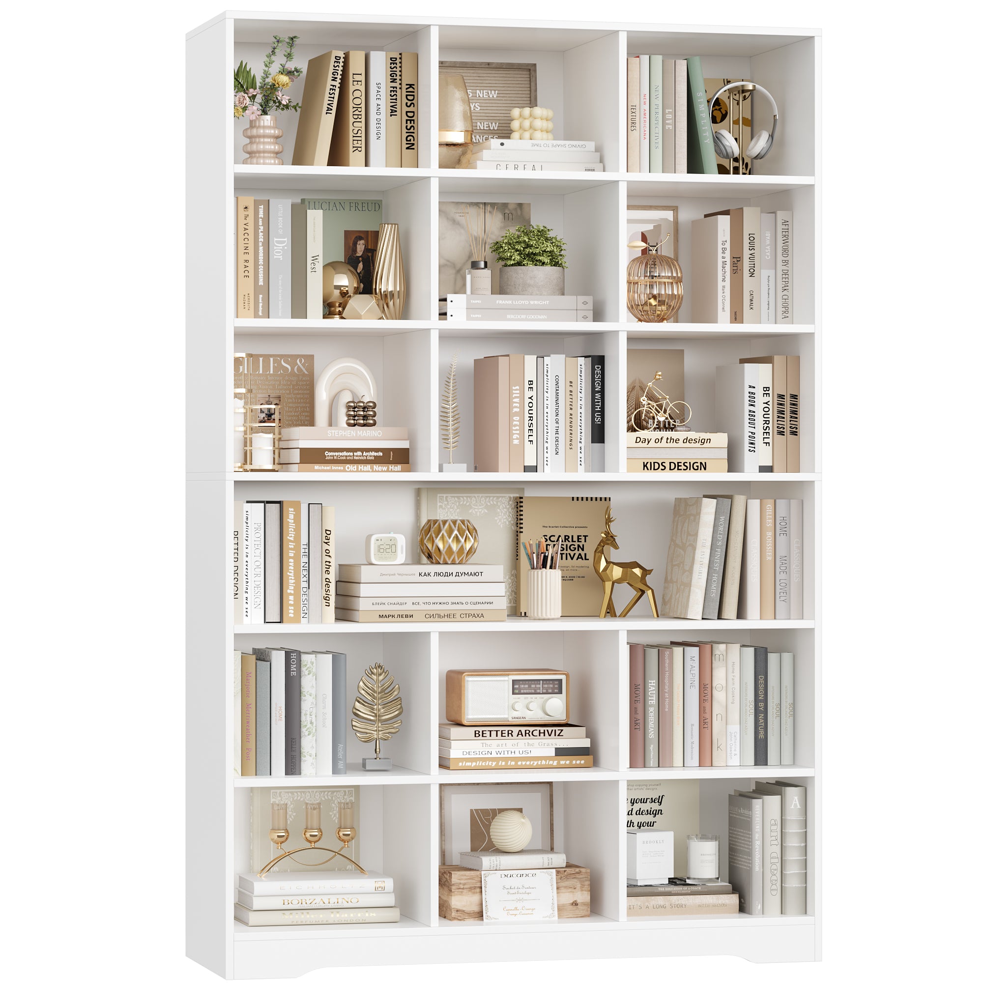 Hiphuta 75"Tall Bookcase with Storage, 6 Tier Wooden Bookshelf with Doors for Living Room, 47"Wide Wood Display Shelves with Book Storage Cabinet for Home Office Entryway, White