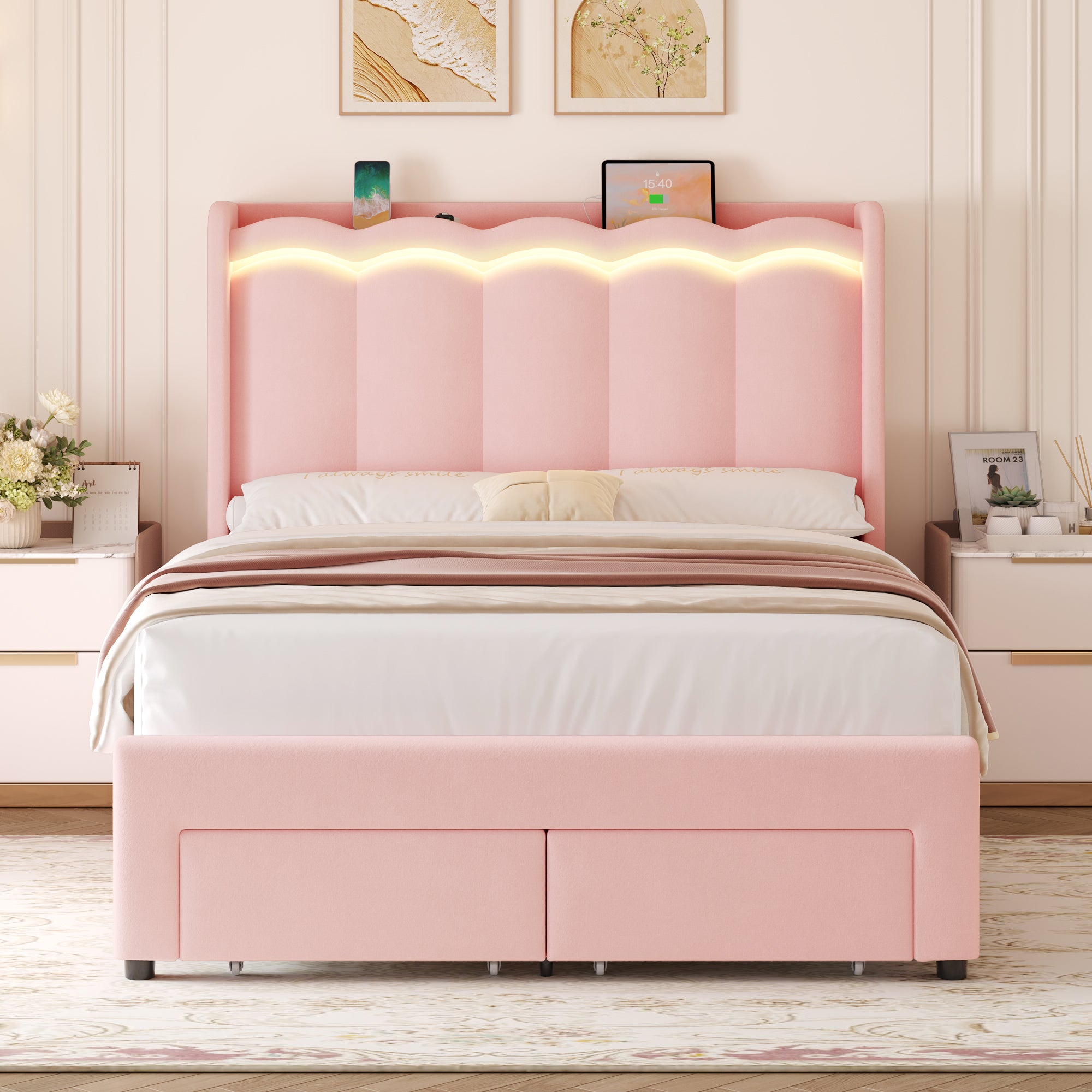 Hiphuta Full Size Bed with Power Outlet & LED, Upholstered Princess Beds with Drawer, Full Beds with Headboard Storage, Pink