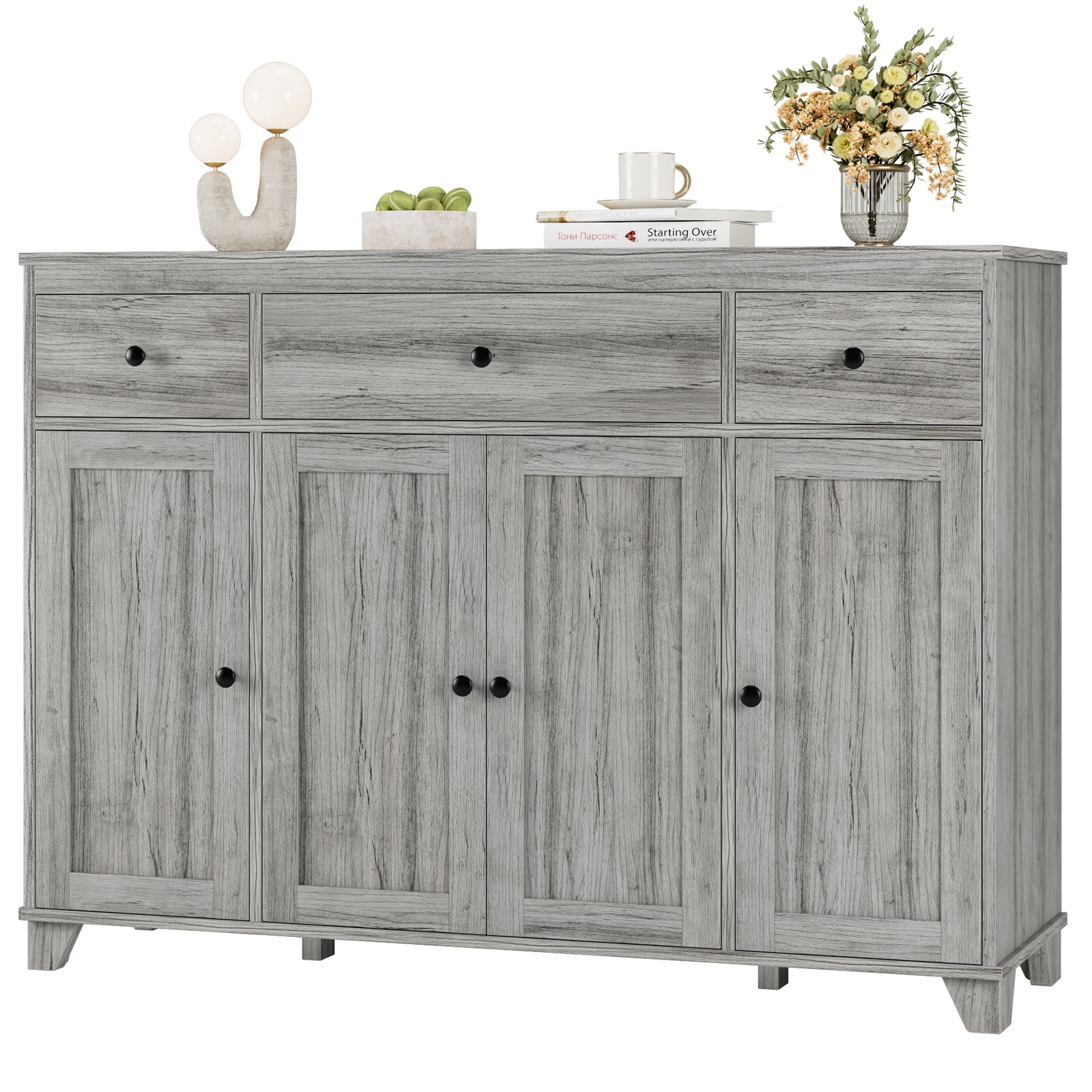 Hiphuta 47.2"W Buffet Sideboard, Wooden Storage Cabinet with 3 Drawers & 4 Doors, Wide Buffet Cabinet, Gray