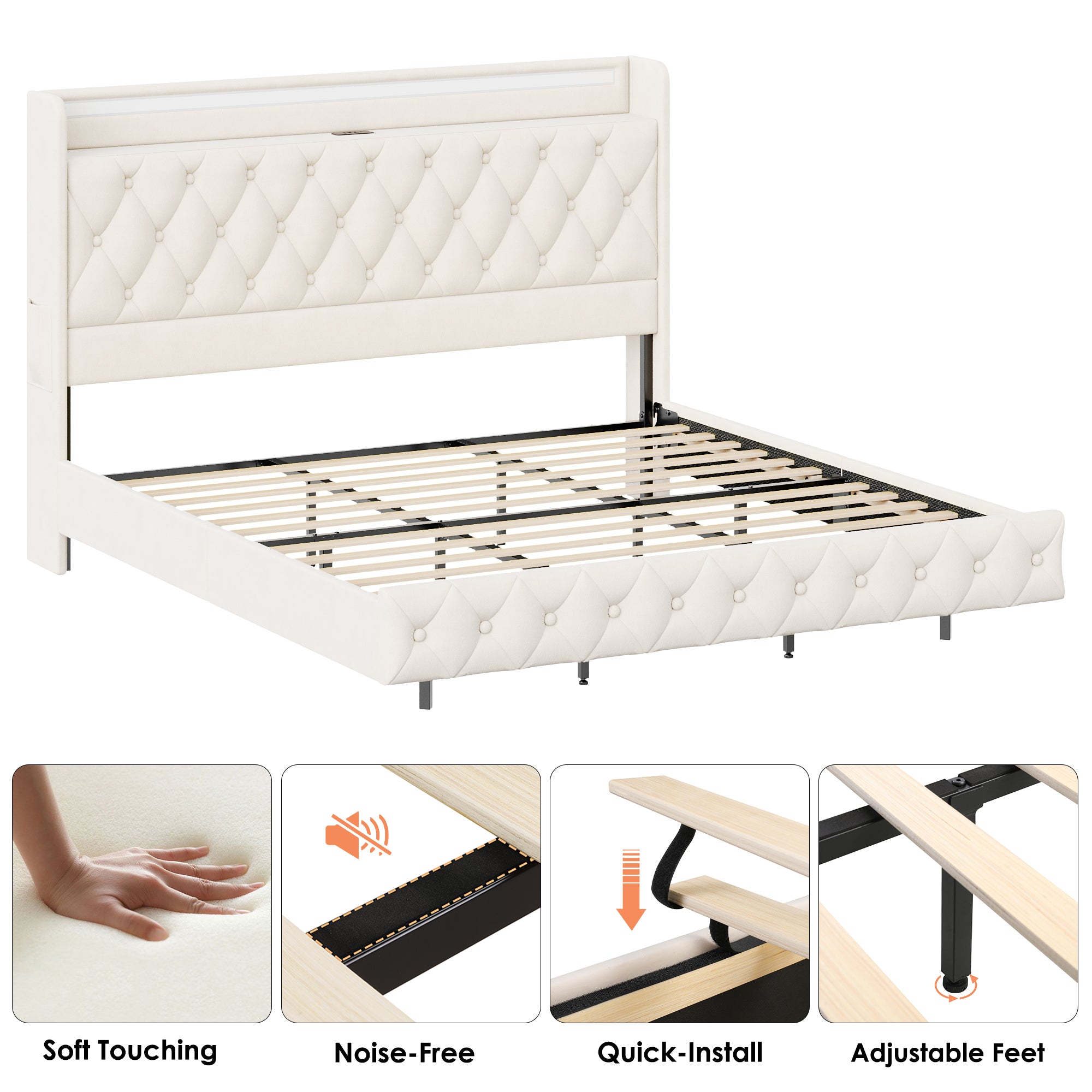 Hiphuta Full Size Floating Bed Frame with LED Lights, Velvet Leather Platform Bed with Charging Station & Button Tufted Headboard Storage, No Box Spring Needed, White