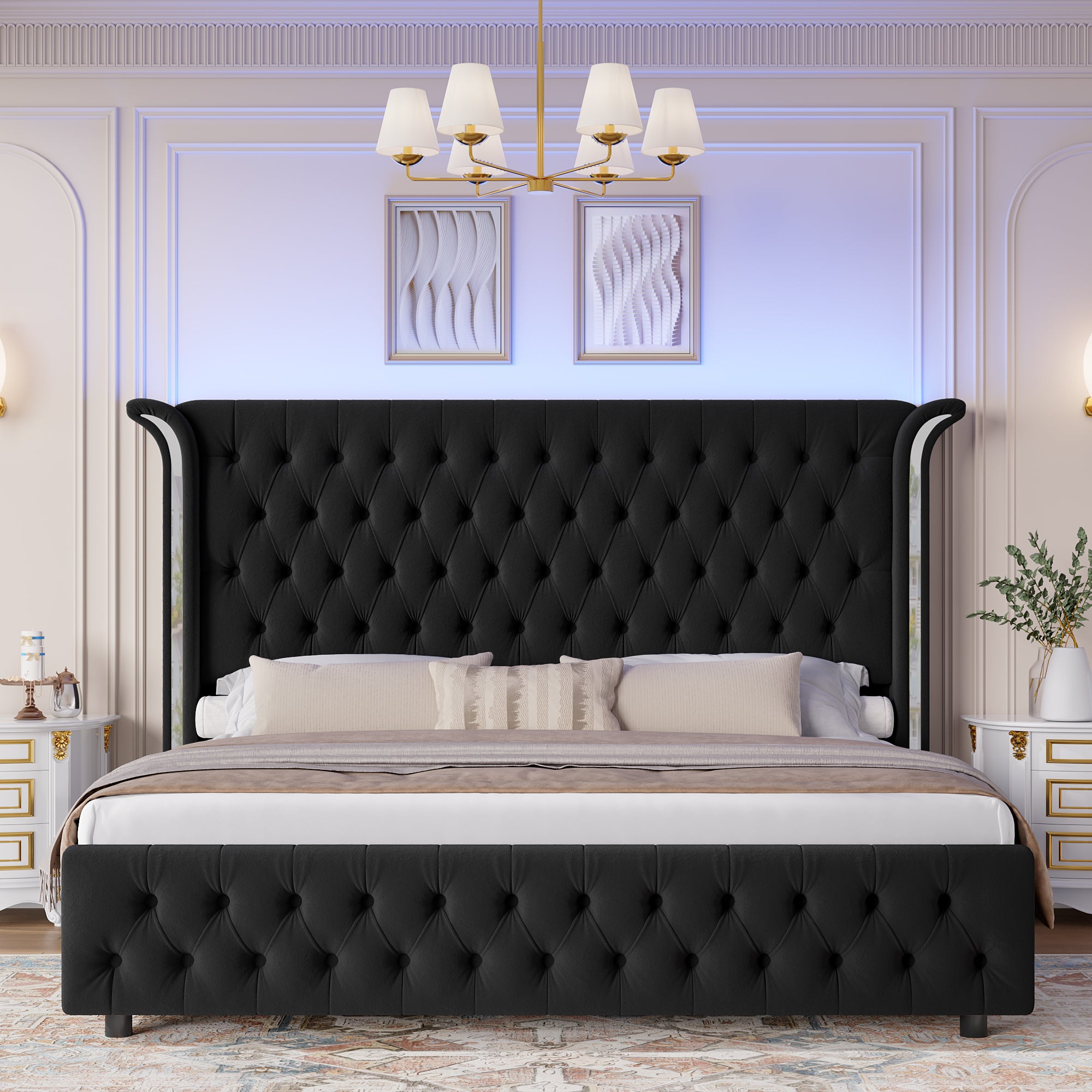 Hiphuta King Bed with LED Light, Cama King Platform Bed with Button Tufted Velvet Upholstered Headboard, Black