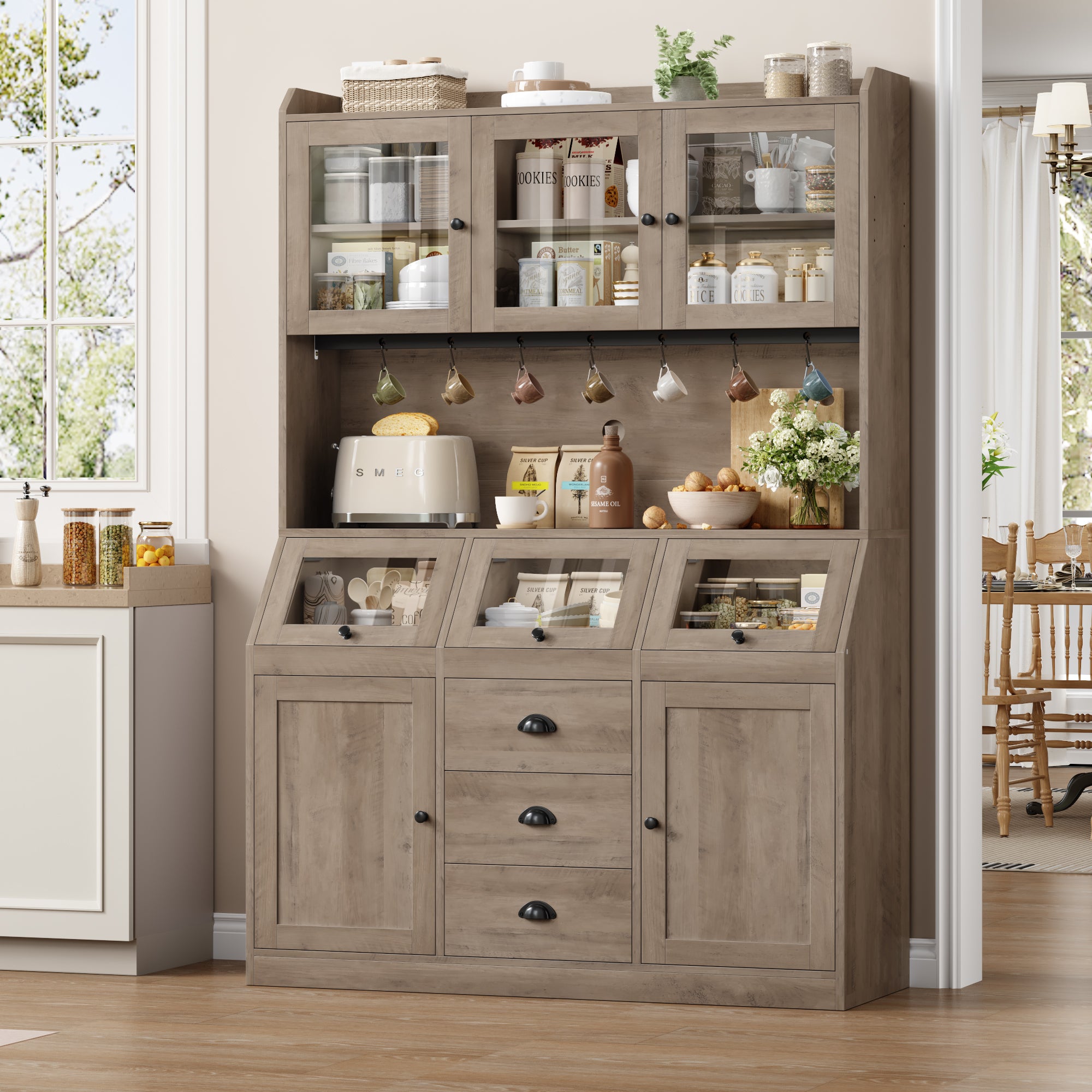 Hiphuta Farmhouse Kitchen Pantry Storage Cabinet, 71”H Freestanding Hutch with 8 Doors and 3 Drawers for Dining and Living Room, Brown