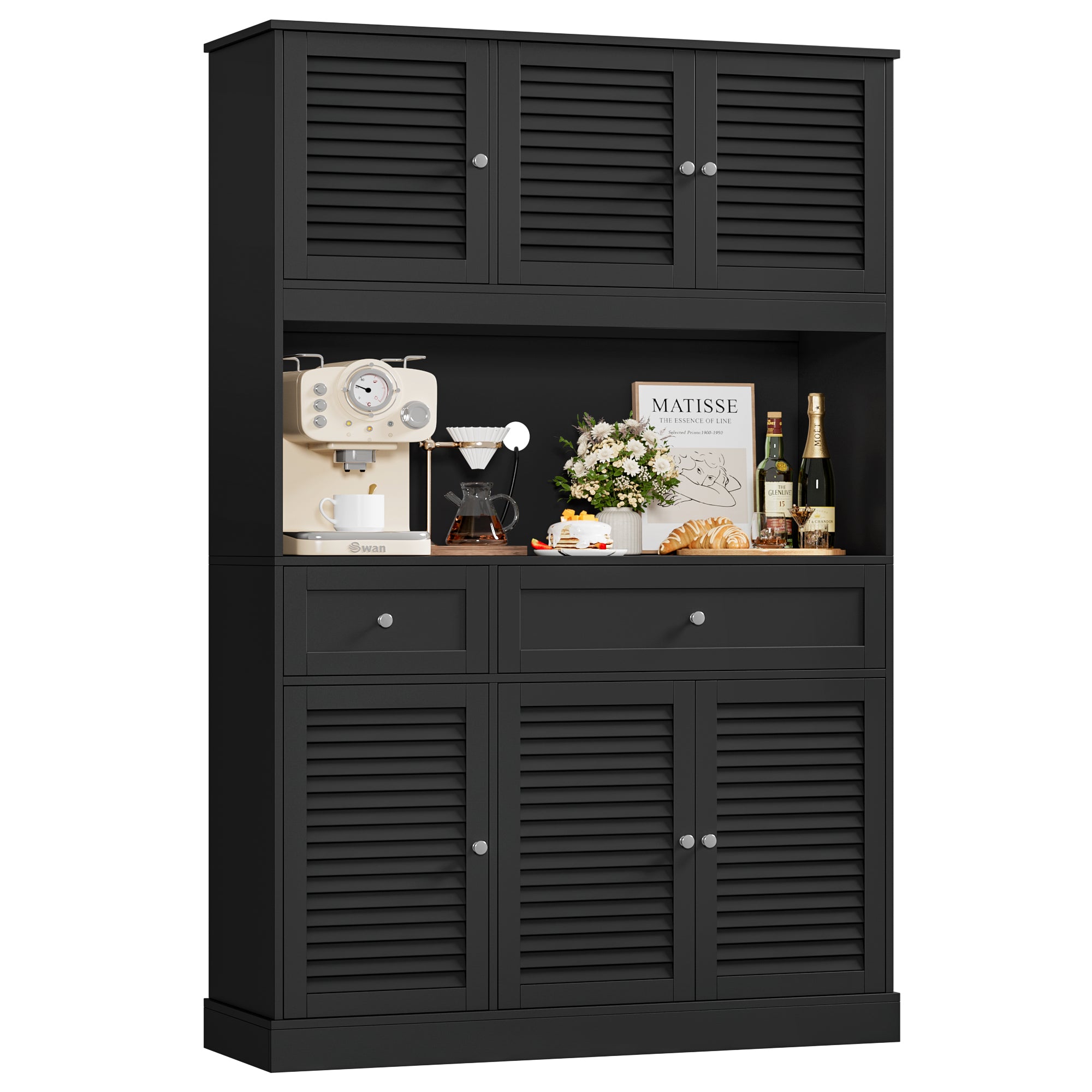 Hiphuta 70” Tall Modern Pantry Cabinet with Adjustable Shelves, Freestanding Kitchen Hutch Cabinet with Louvered Door for Dining Room, Black