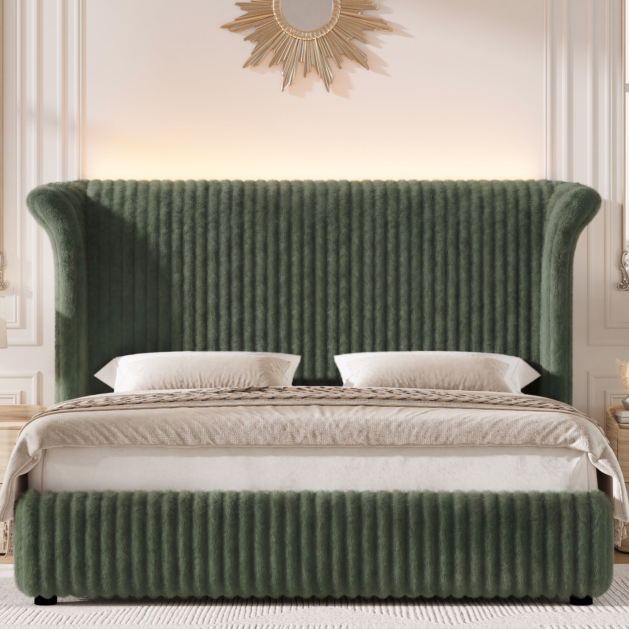 Hiphuta Modern King Size Corduroy Upholstered Bed Frame, LED Platform Bed Frame with 55"H Vertical Stripe Tufted Corduroy Velvet Wingback Headboard, Green