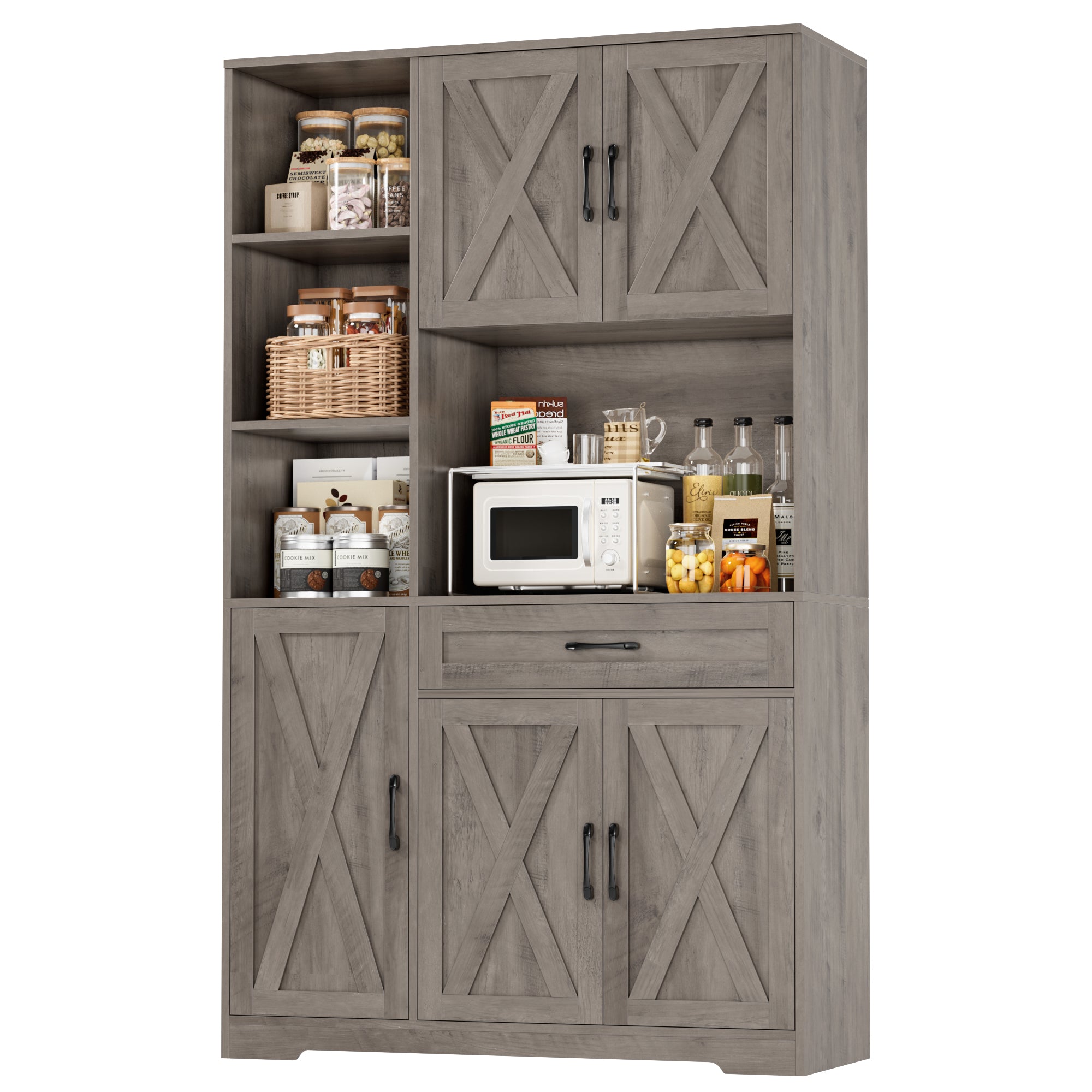 Hiphuta 71" Farmhouse Kitchen Pantry Storage Cabinet, Freestanding Hutch with Doors, Shelves & Microwave Stand, Cupboard for Dining Room, Ash Gray