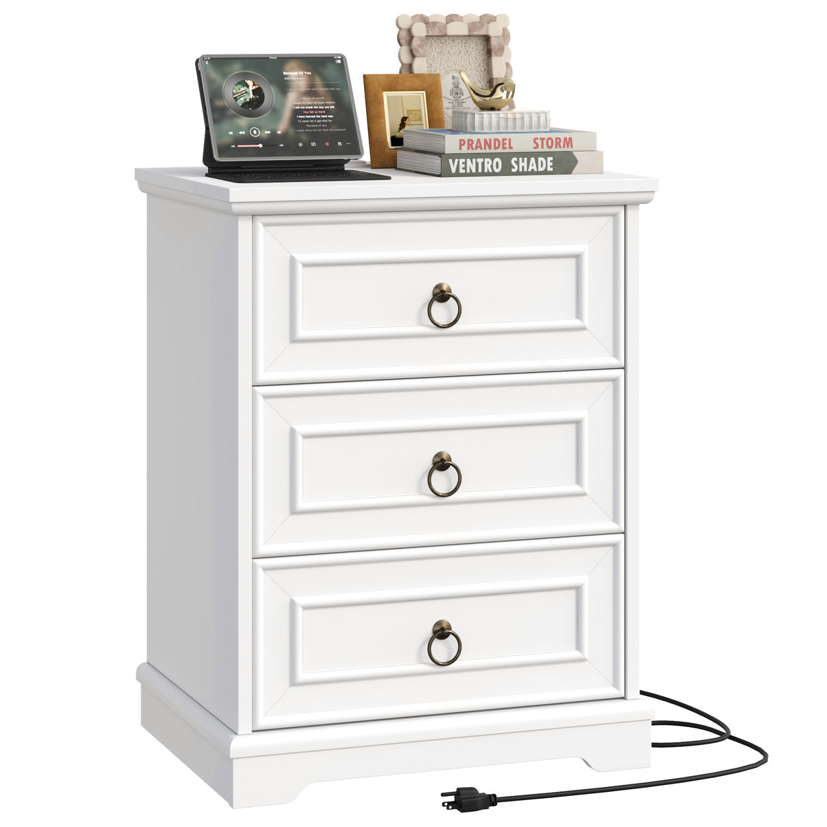 Hiphuta Vintage Nightstand with 3 Large Drawers, Farmhouse Bedroom Bedside Tables with Charging Station, Sofa Tables End Tables for Bedroom and Living Room, White