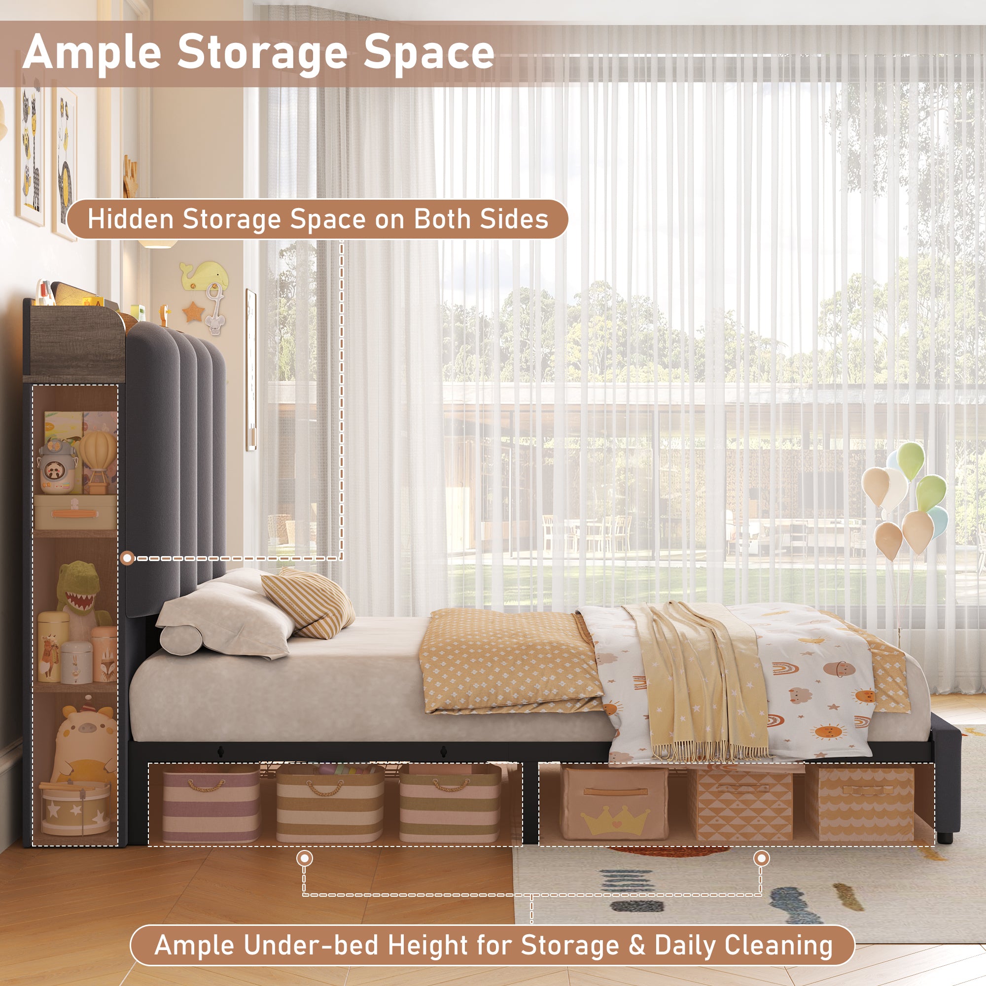 Hiphuta Twin Size Bed Frame with Upholstered Headboard, Led Bed with Storage Headboard, Gray
