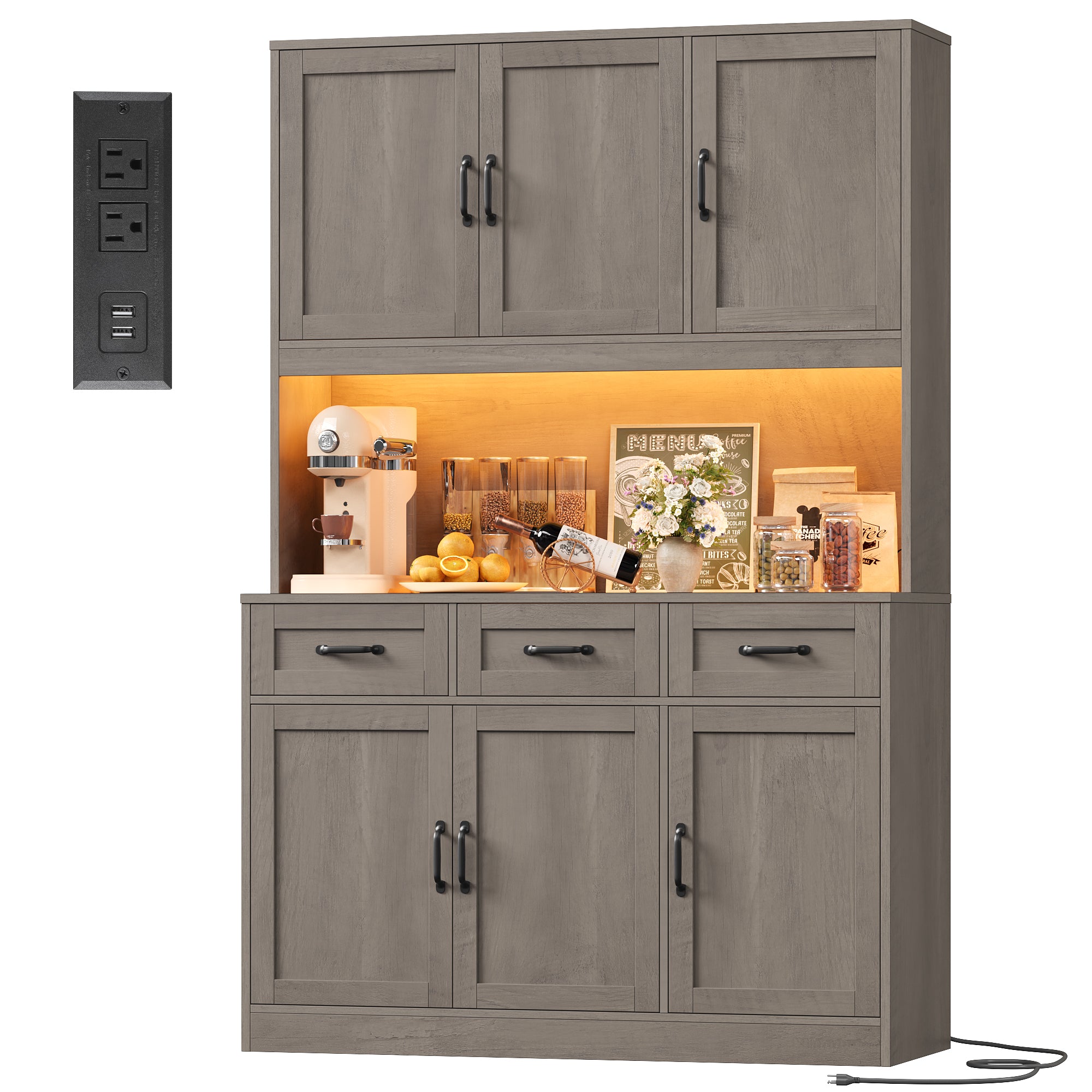 Hiphuta 72" Tall Kitchen Pantry Storgae Cabinet with RGB LED, Hutch Cabinet with Charging Station and Adjustable Shelves for Dining Room, Gray