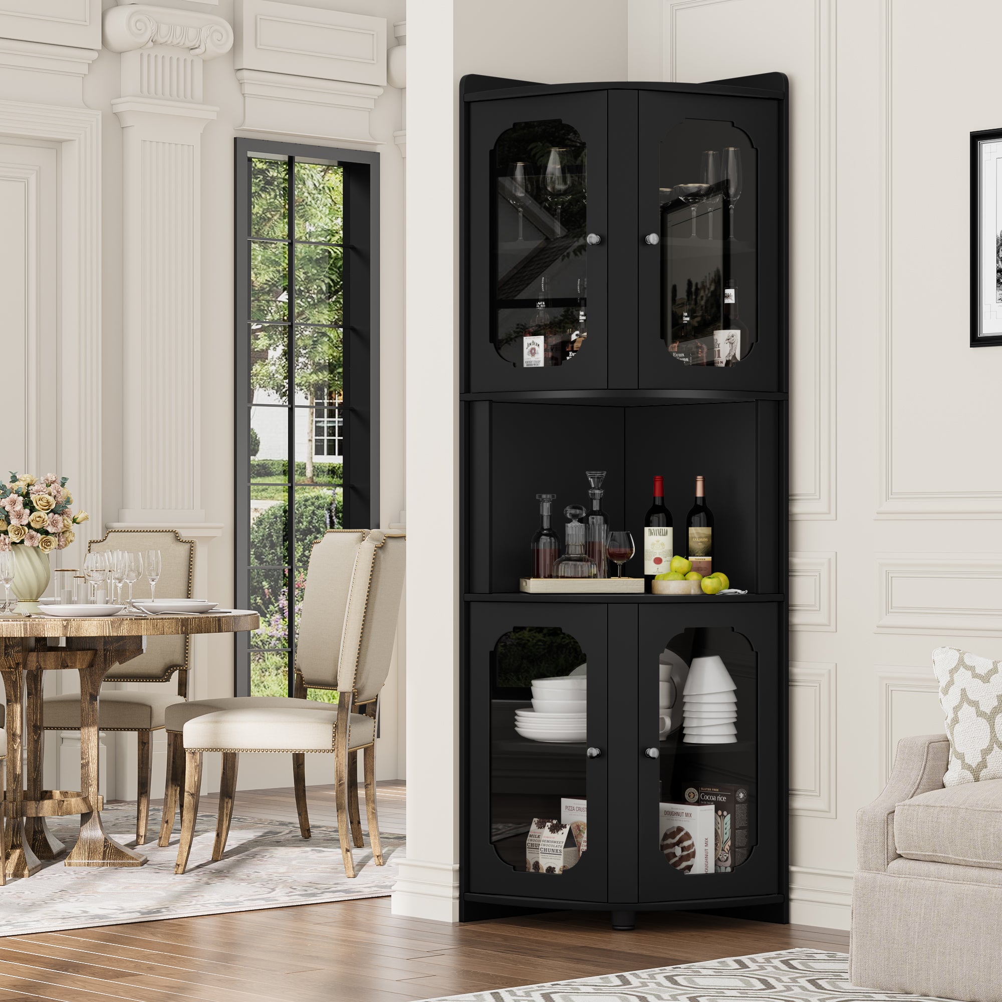 Hiphuta Tall Corner Cabinet, Bathroom Storage Cabinet with Glass Door Design & Adjustable Shelves, Home Space Saver for Bathroom, Living Room, Black