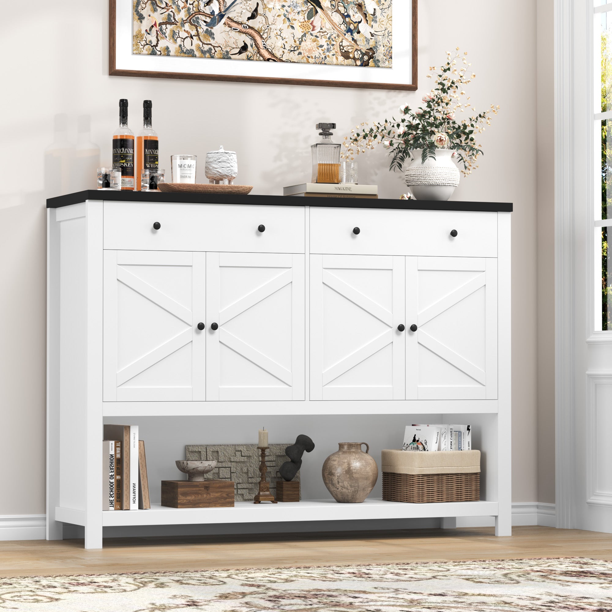 Hiphuta 55" Wide Console Table with 2 Drawers and 2 Double-Door Cabinet, Farmhouse Sideboard with Black Top, White