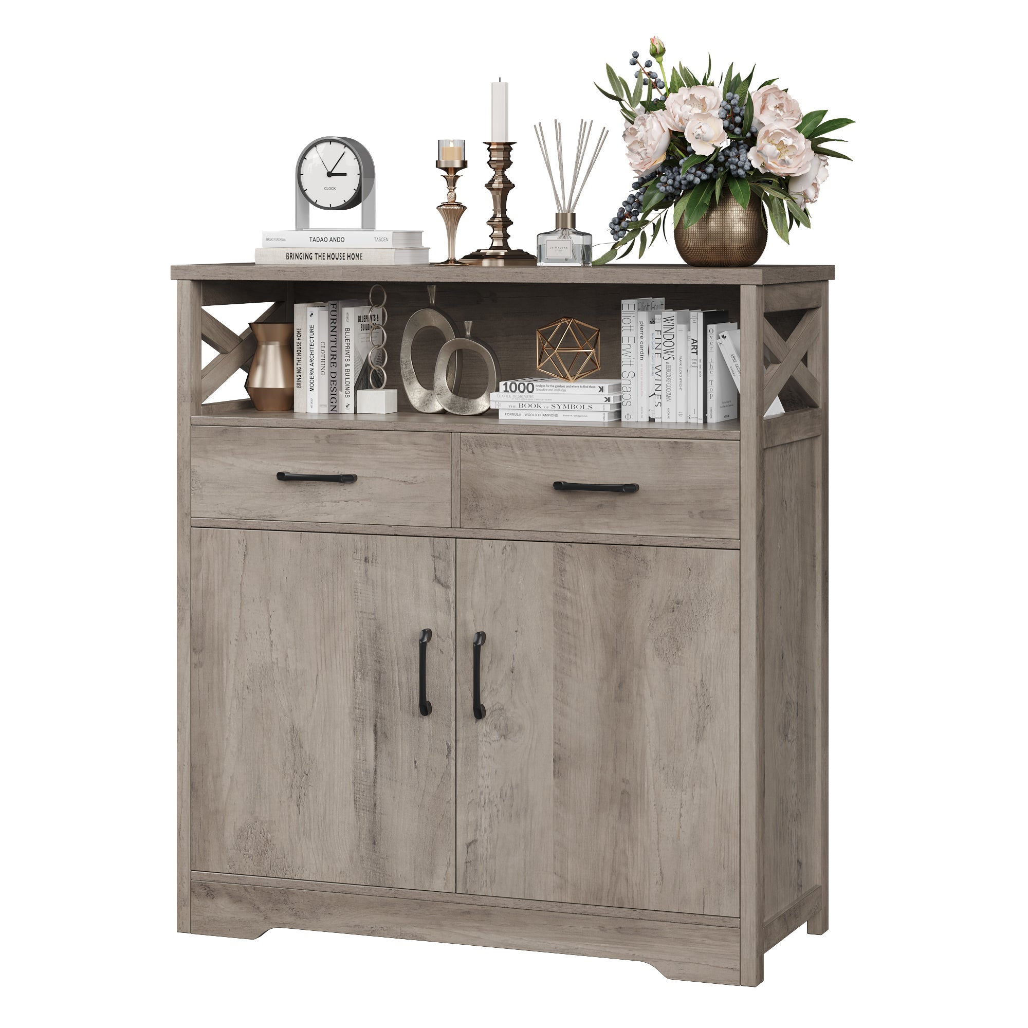 Hiphuta Modern Farmhouse Buffet Sideboard, Wood Cabinet with Shelves, Doors & 2 Drawers, Coffee Bar, Floor Cabinet Cupboard for Living Room, Ash Gray