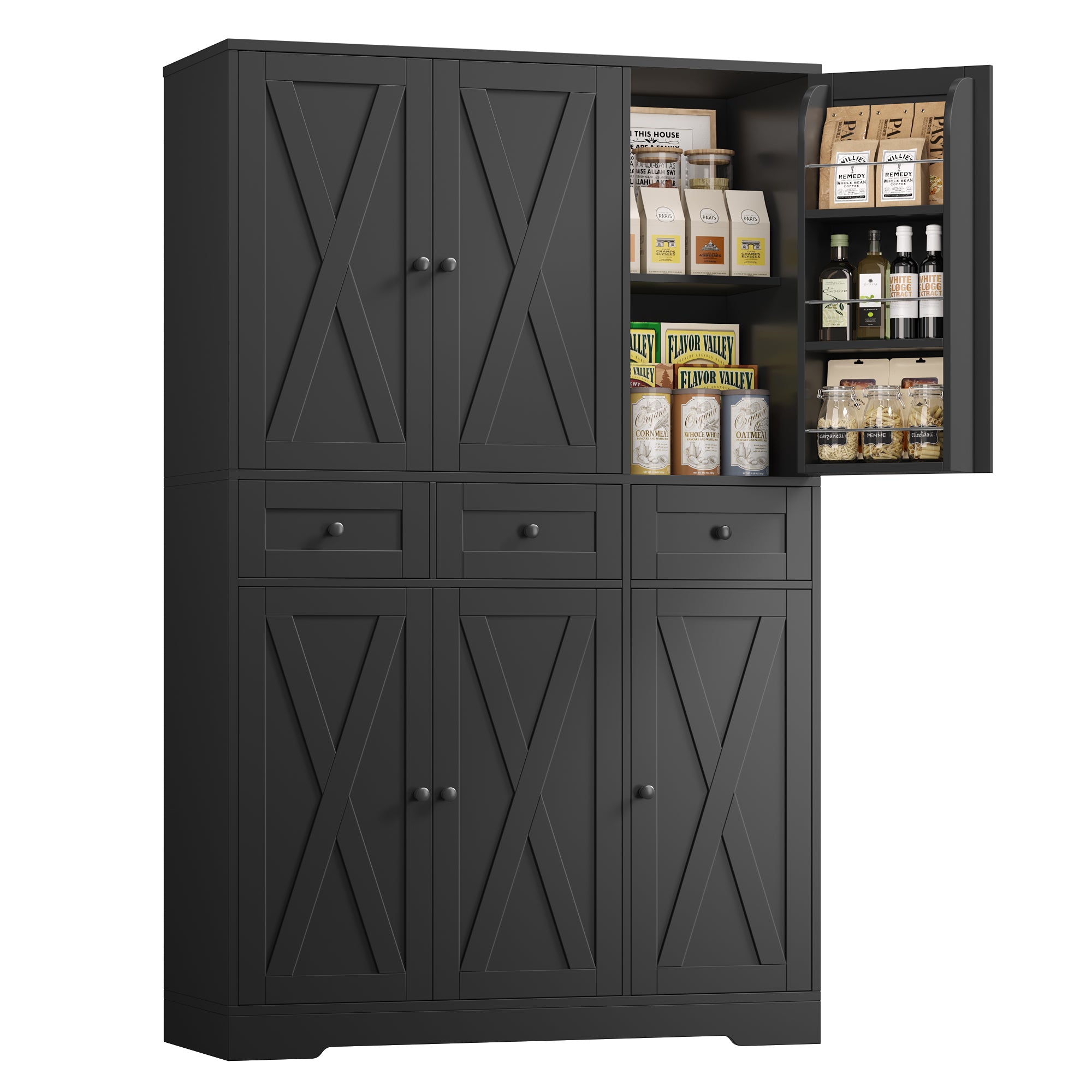 Hiphuta Farmhouse Kitchen Pantry Cabinet with Doors, Large Pantry Stroage Cabinet for Kitchen Dining Room, Black