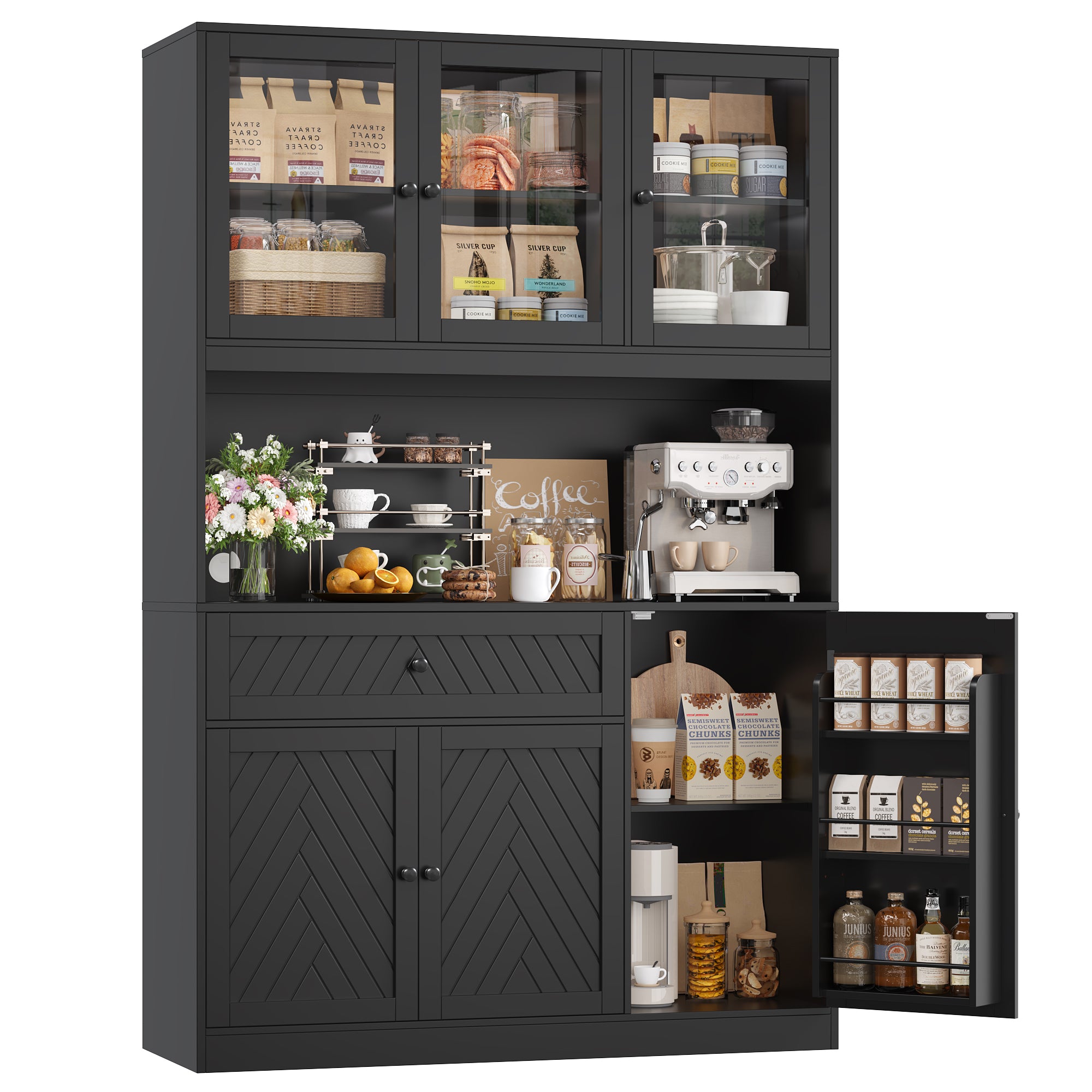 Hiphuta 72" Tall Modern Pantry Cabinet with Adjustable Shelves, Freestanding Kitchen Hutch Cabinet for Dining Room, Black