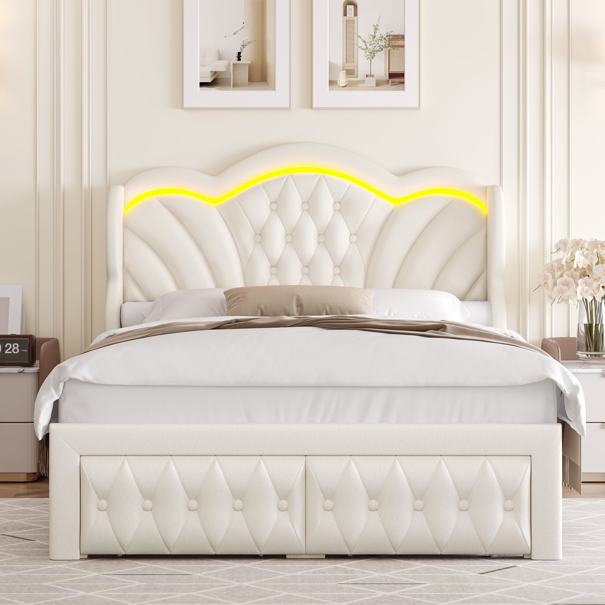 Hiphuta Queen LED Bed with 2 Drawers, LED Lights Platform Bed Frame with Upholstered Button Tufted Headboard, No Box Spring Needed, Velvet White