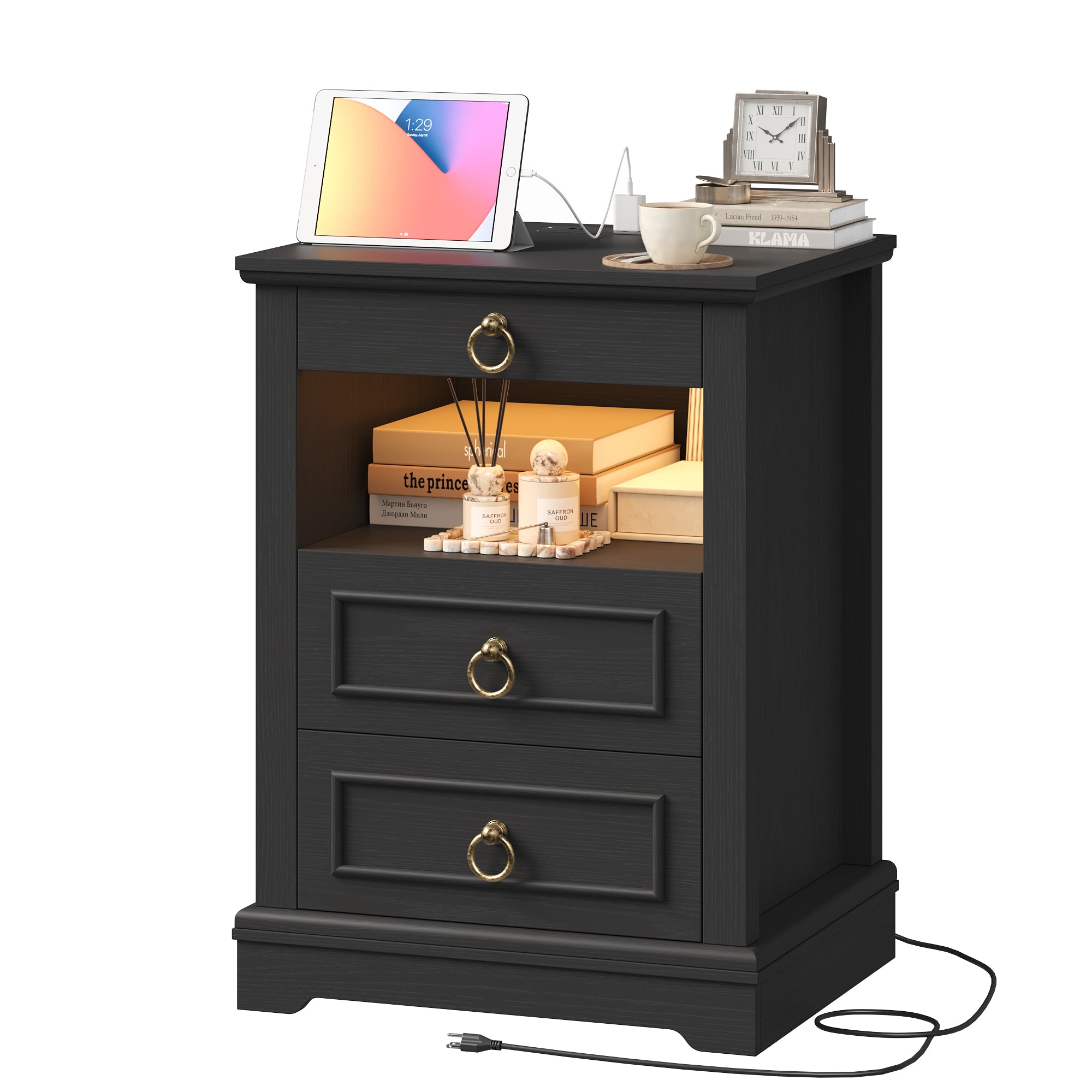 Hiphuta 18.5” Wide Farmhouse Nightstand with Charging Station, Wood Night Stands End Table with 3 Drawers for Small Spaces, LED Bedside Table for Bedroom Living Room, Black