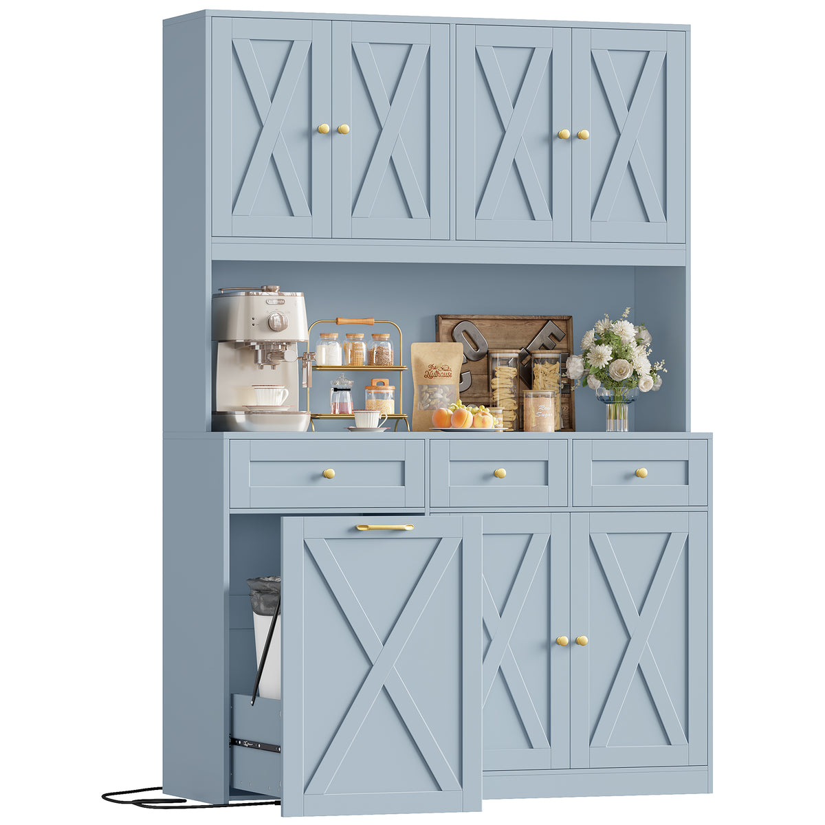 Hiphuta 73” Tall Kitchen Pantry Cabinet Fits 13 Gallon Trash Can Cabinet, Farmhouse Kitchen Storage Hutch with Pull Out Trash Can Storage for Dining Room Living Room, Light Blue