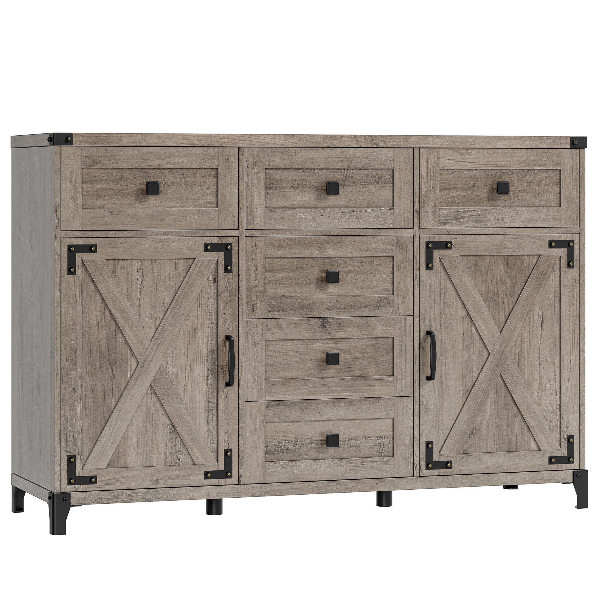 Hiphuta 53.7” Large Buffet Sideboard, Farmhouse Wood Credenza Cabinet with 6 Drawers, Rustic Brown