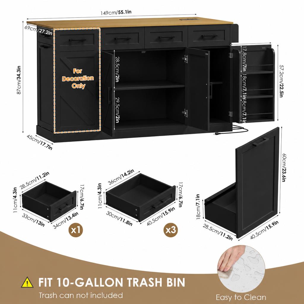 Hiphuta 55"W Kitchen Island Cart with Storage, Rolling Island Table with Trash Can, Adjustable Shelves and 4 Drawers, Movable Buffet Cabinet for Dining room, Black