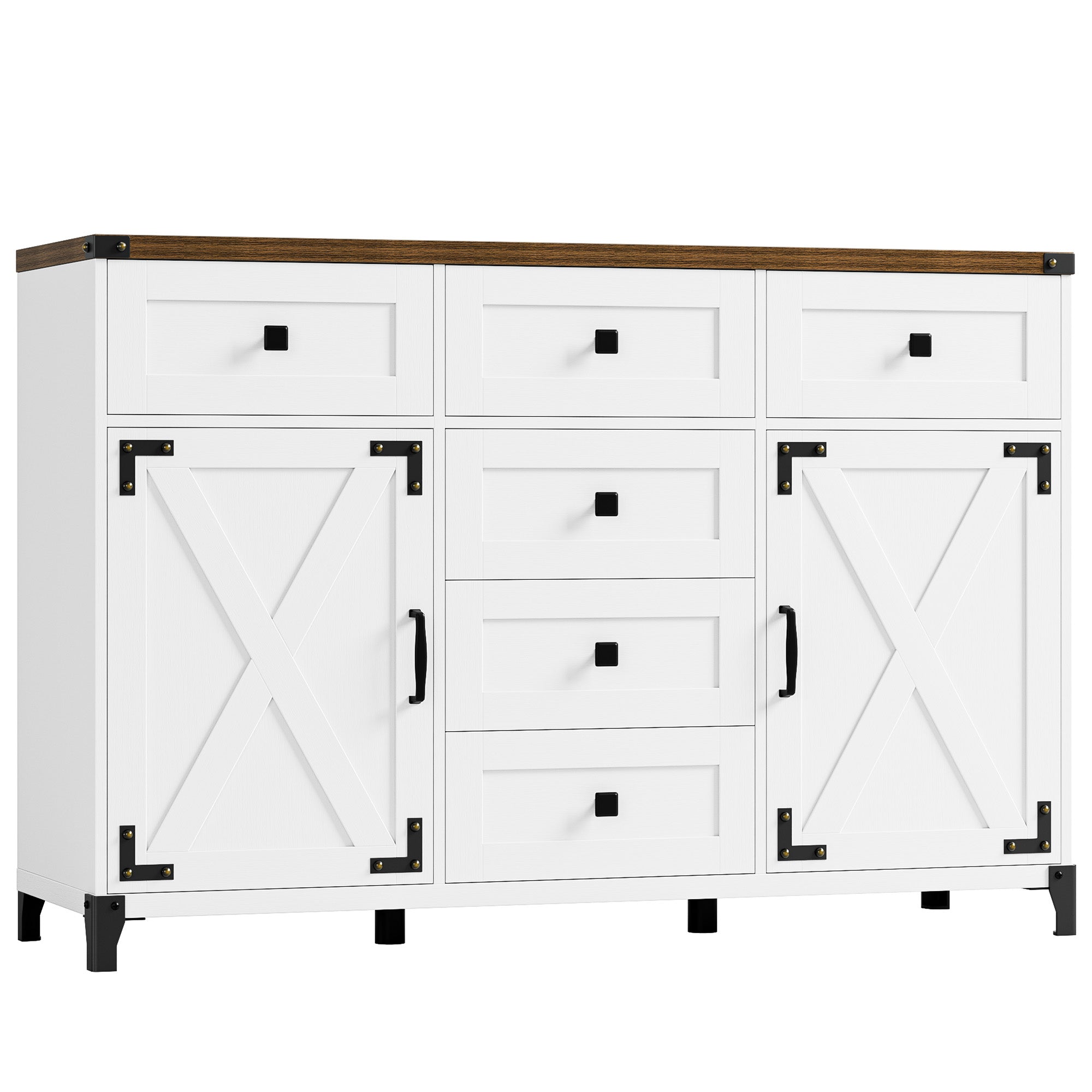 Hiphuta 53.7” Large Buffet Sideboard, Wooden Credenza Cabinet with 6 Drawers, Floor Cabinet Cupboard with Brown Top, White