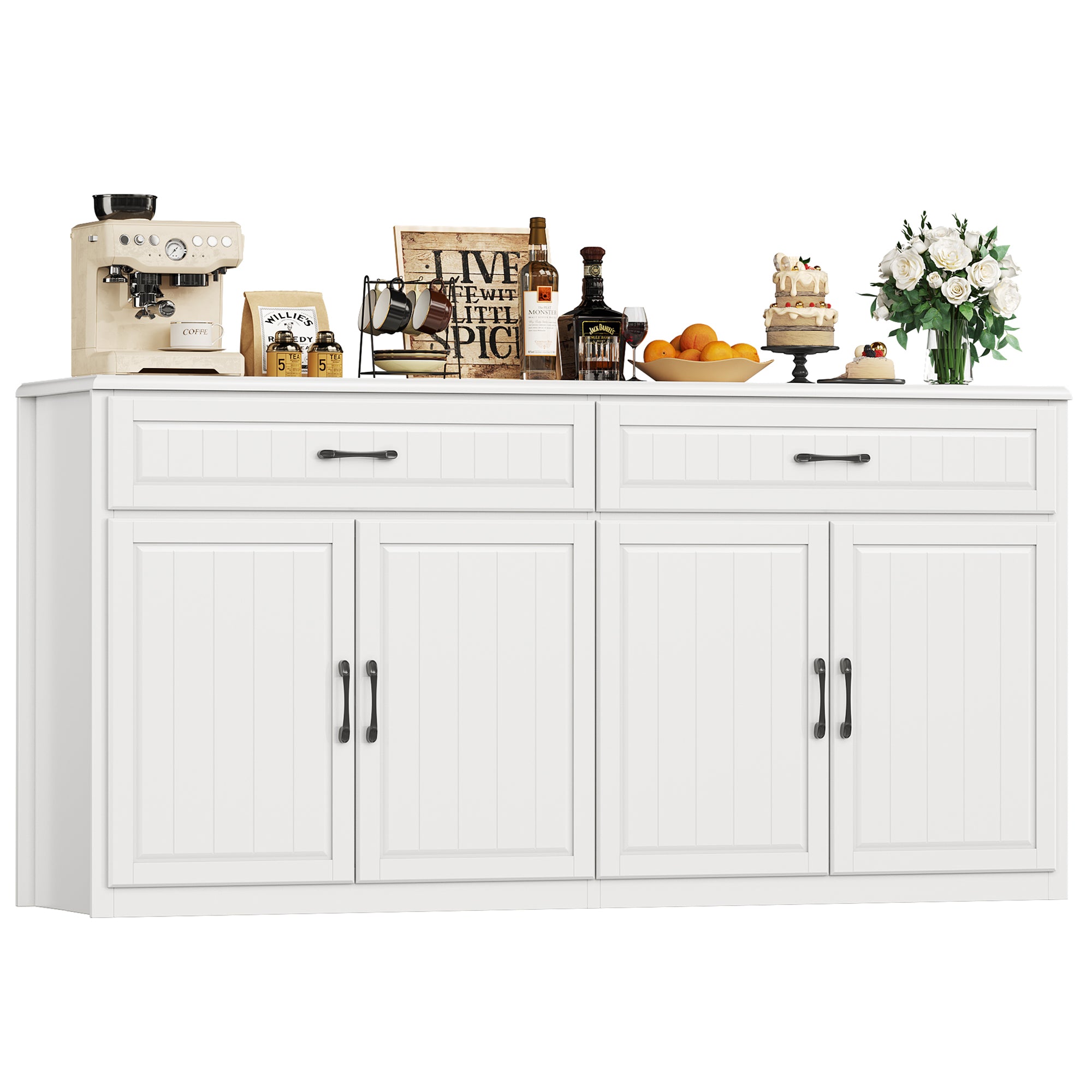 Hiphuta 53.7" Large Sideboard, Wooden Cabinet with 6 Drawers, Floor Cabinet Cupboard with Brown Top, White
