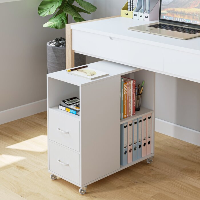 Hiphuta Movable End Side Table with 2 Drawers & Adjustable Shelf, Narrow Bedside Table, White