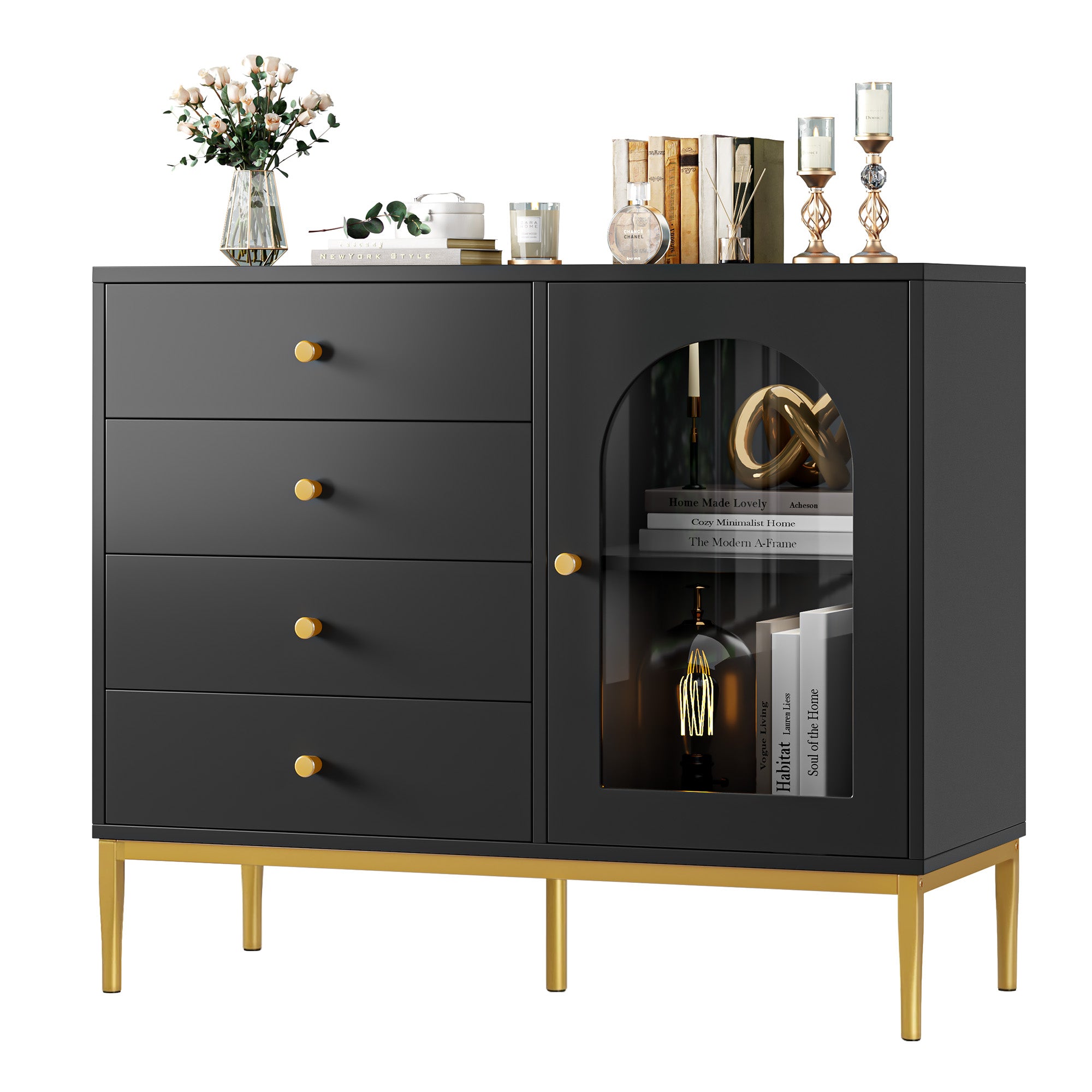 Hiphuta Modern Sideboard Storage Cabinet with 4 Drawers & 1 Glass Door, 31.7"Height Buffet Cabinet, Black