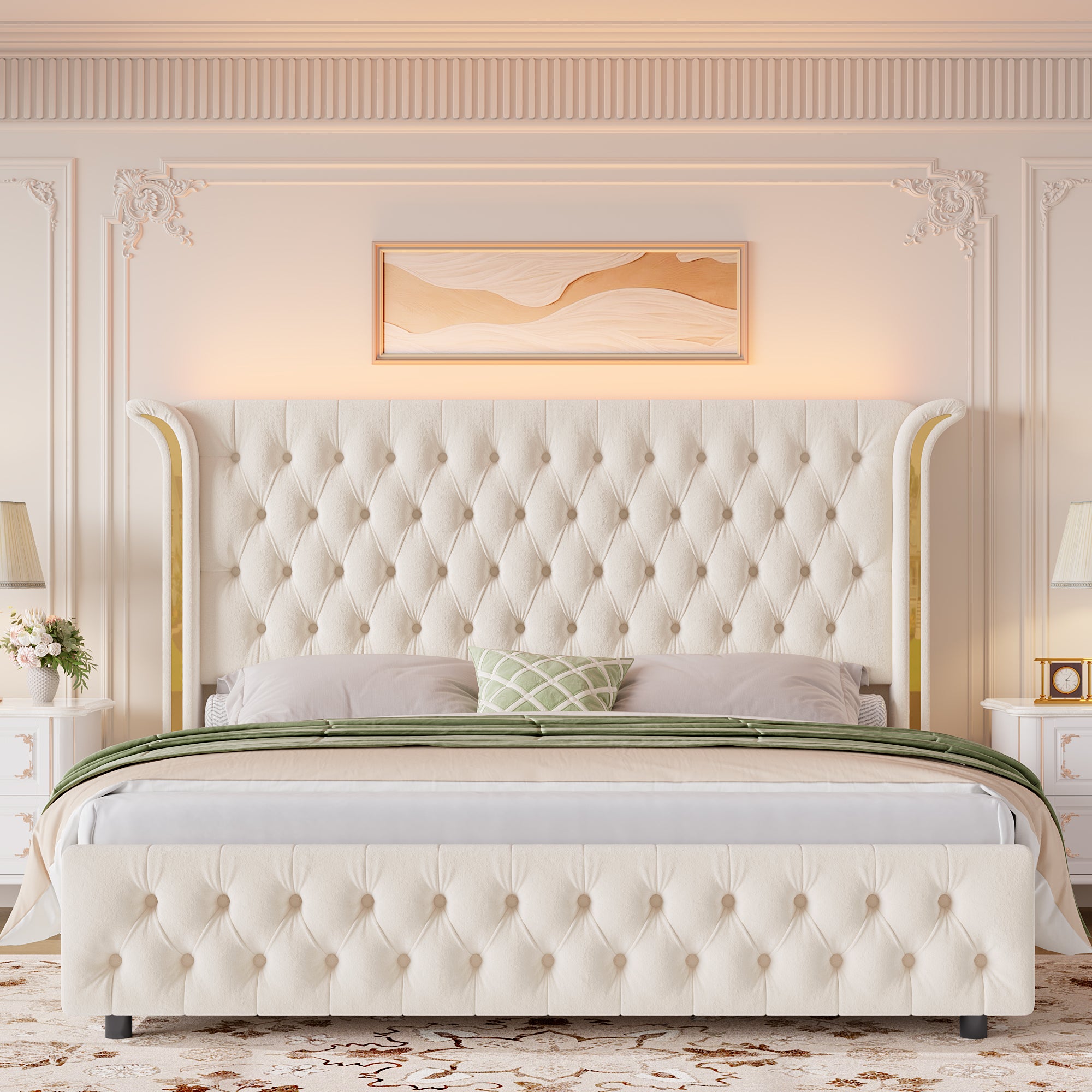 Hiphuta King Bed with LED Light, Cama King Platform Bed with Button Tufted Velvet Upholstered Headboard, White