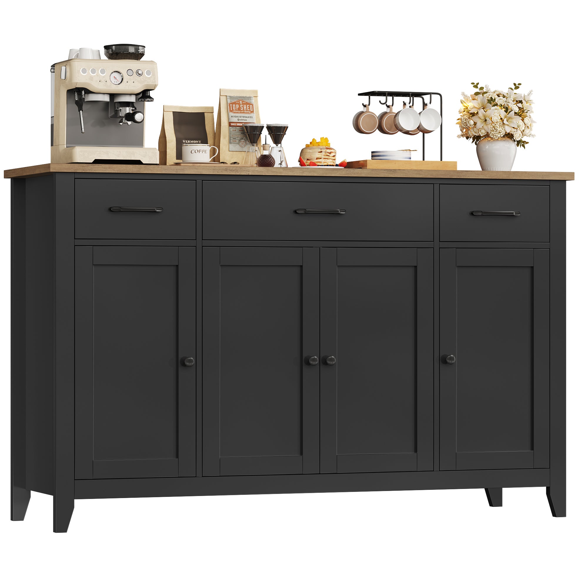 Hiphuta 55"Wide Buffet Cabinet with 2 Adjustable Shelves, Modern Farmhouse Coffee Bar with 3 Drawers and Sturdy Base for Living Room, Black