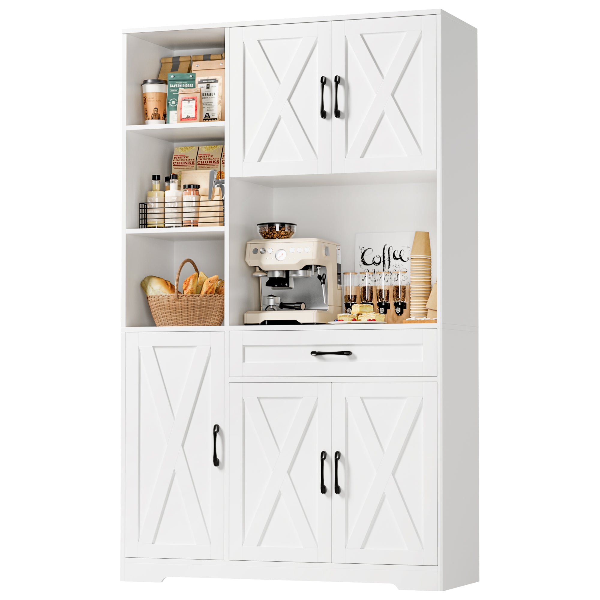 Hiphuta 71" Farmhouse Kitchen Pantry Storage Cabinet, Freestanding Hutch with Doors, Shelves & Microwave Stand, Cupboard for Dining Room, White