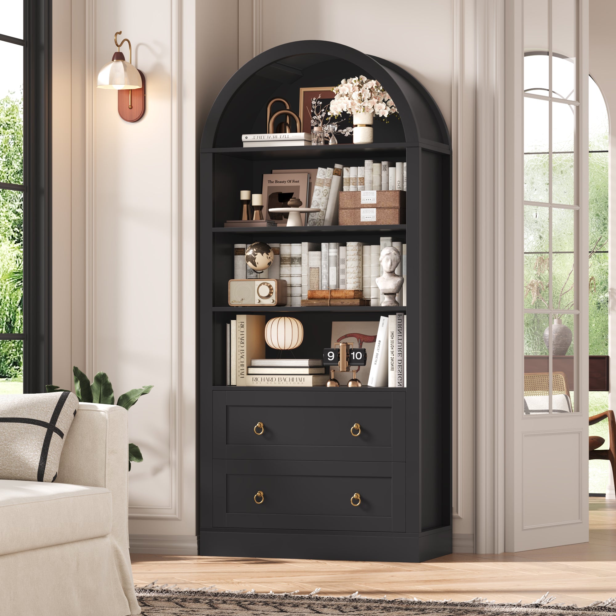 Hiphuta 70"Tall Arched Bookshelf, 4-Tier Bookcase with 2 Large Drawers, Wooden Display Shelf with Storage for Living Room Home Office, Black
