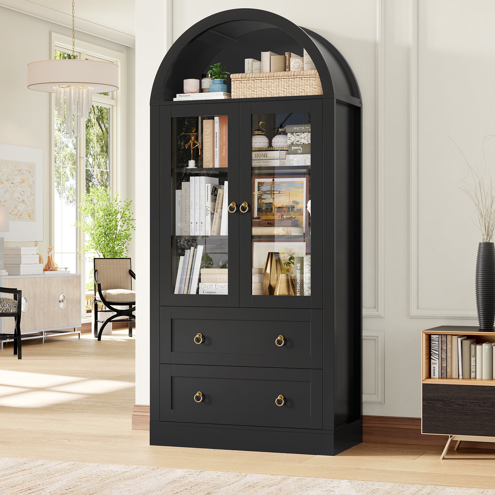 Hiphuta 70" Tall Arched Kitchen Pantry Storage Cabinet with 2 Large Drawers, Freestanding Modern Farmhouse Versatile Hutch Cupboard for Dining Room, Black