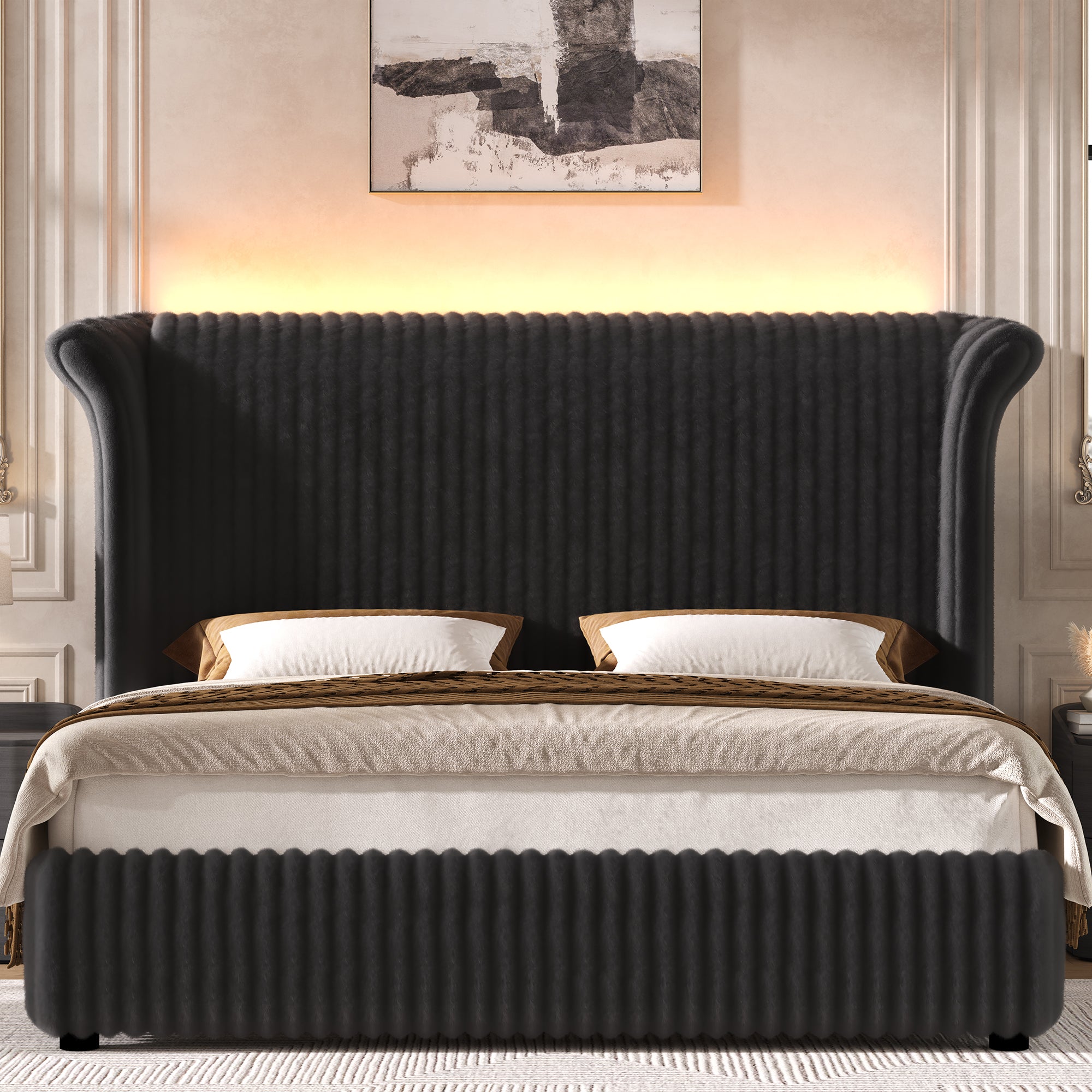Hiphuta Modern Queen Size Corduroy Upholstered Bed Frame, LED Platform Bed Frame with 55"H Vertical Stripe Tufted Corduroy Velvet Wingback Headboard, Black