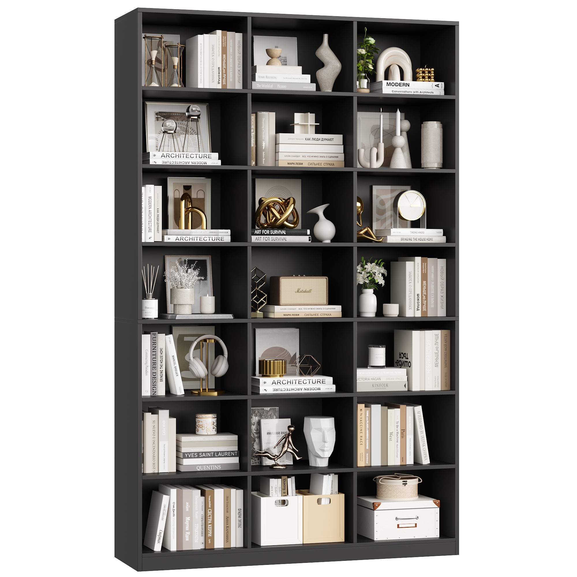 Hiphuta 86"H x 47"W Wood Triple 7-Tier Standard Bookcase, Tall Bookcase for Bedroom, Living Room and Office, Freestanding 21 Cubes Display Storage Shelves, Black