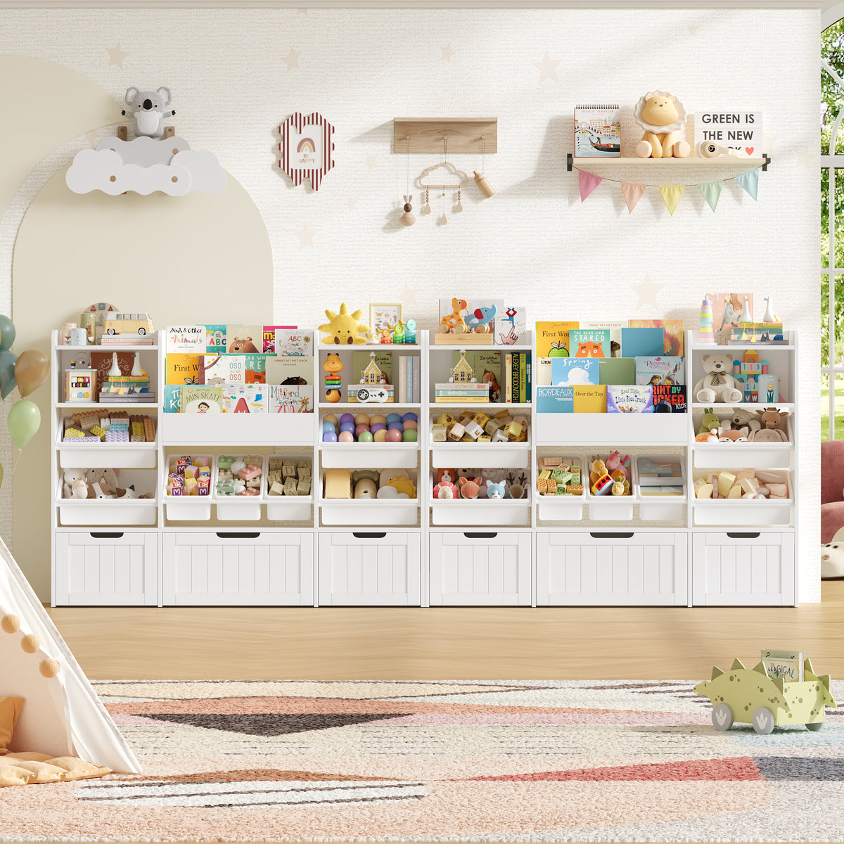 Hiphuta 56”W Kids Toy Storage Organizer with Bookshelf, 3 Removable Drawers & 7 Toy Boxes, Large Wood Toy Organizer for Playroom, Bedroom & Living Room, White
