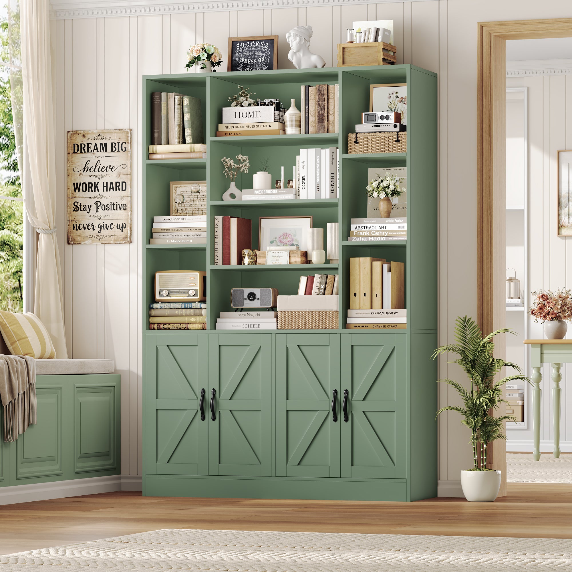 Hiphuta 75" Tall Modern Bookcases with 2 Double Door Cabinet, 47"Wide Wooden Storage Bookshelf for Living Room Home Office Entryway, Green