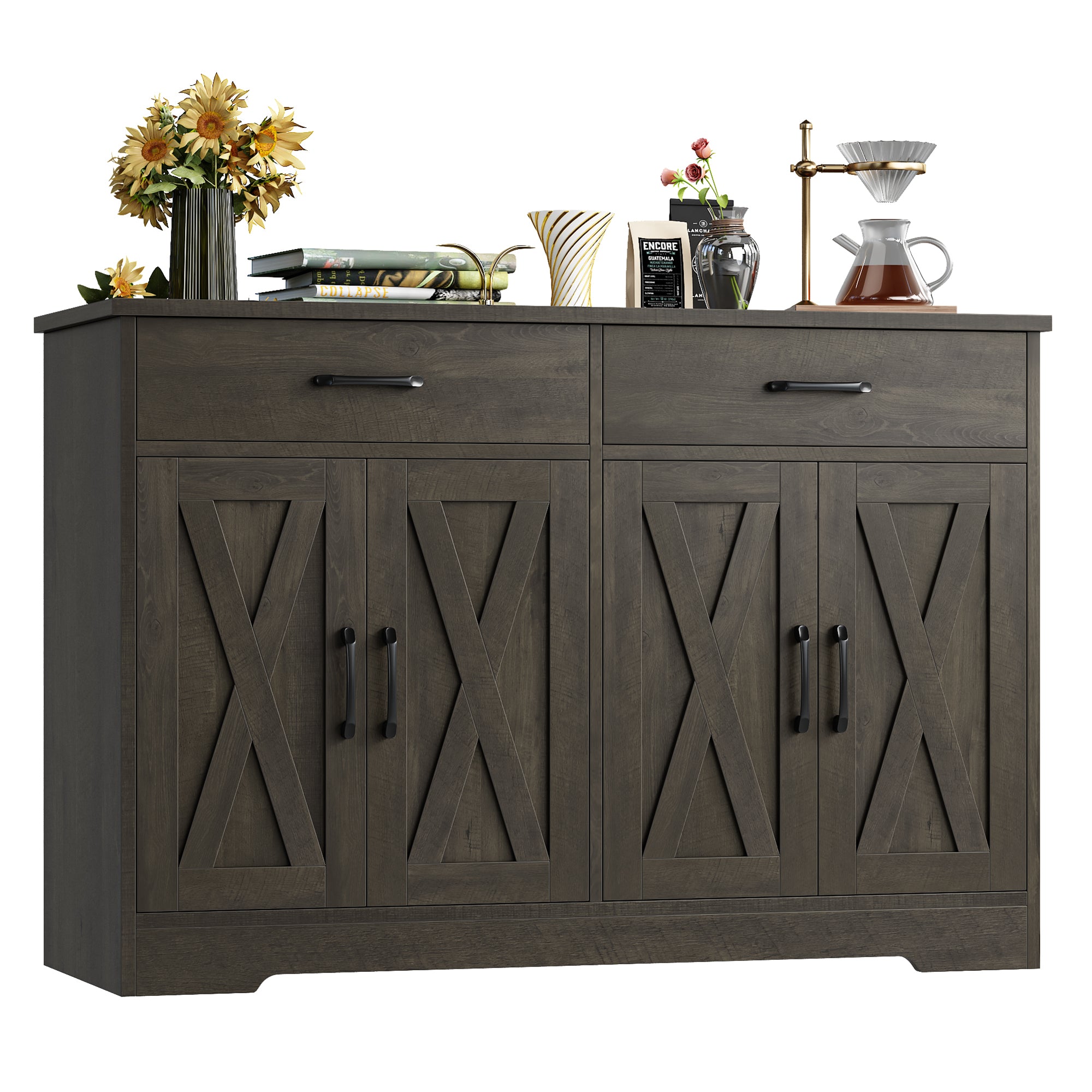 Hiphuta 47" Farmhouse Sideboard Storage Cabinets with 4 Doors & 2 Drawers, Cabinet for Living Room, Dark Brown