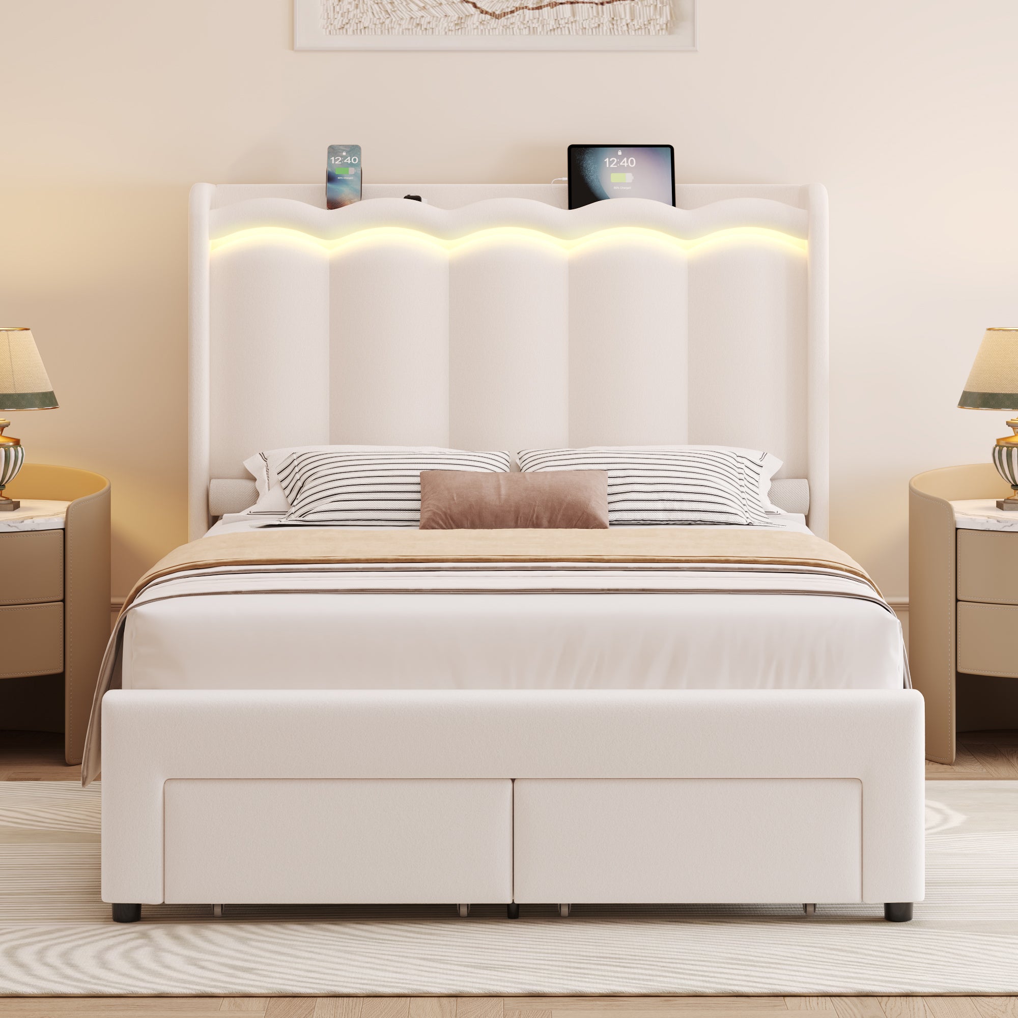 Hiphuta Full Size Bed with Power Outlet & LED, Upholstered Princess Beds with Drawer, Full Beds with Headboard Storage, Beige