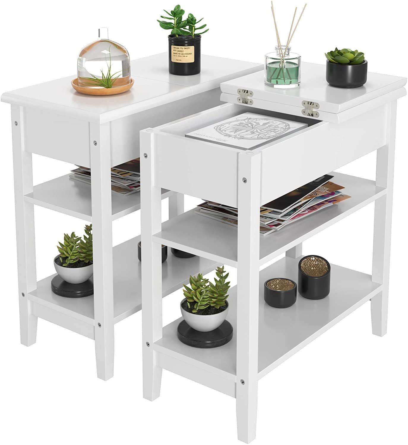 Hiphuta Set of 2 3-Tier End Table, Modern Side Table, 2-Piece Nightstand Set, White