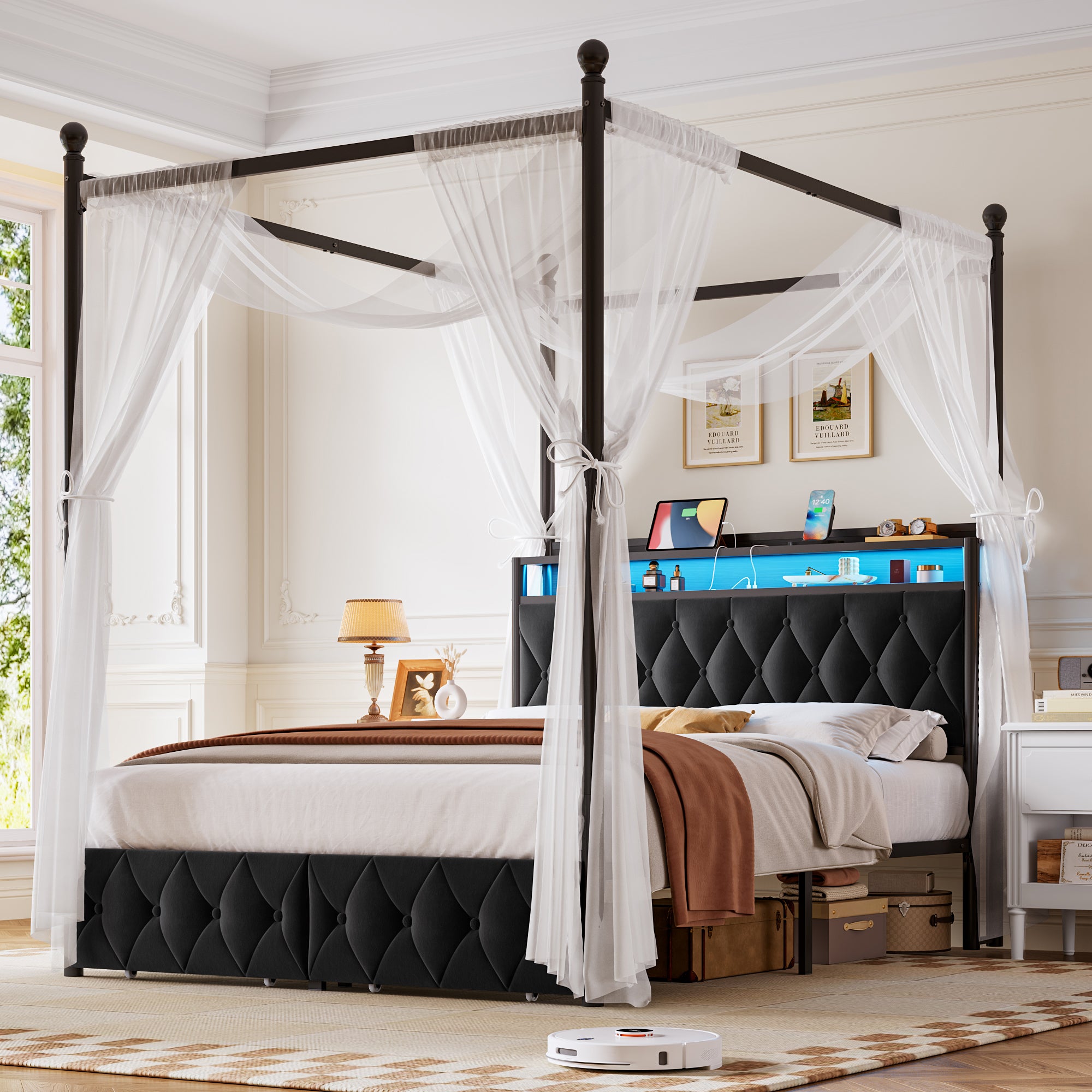 Hiphuta Full Size Upholstered Canopy Bed with Charging Station & Storage Drawer,Button Tufted Headboard with LED Light, Full Bed Frames, Black